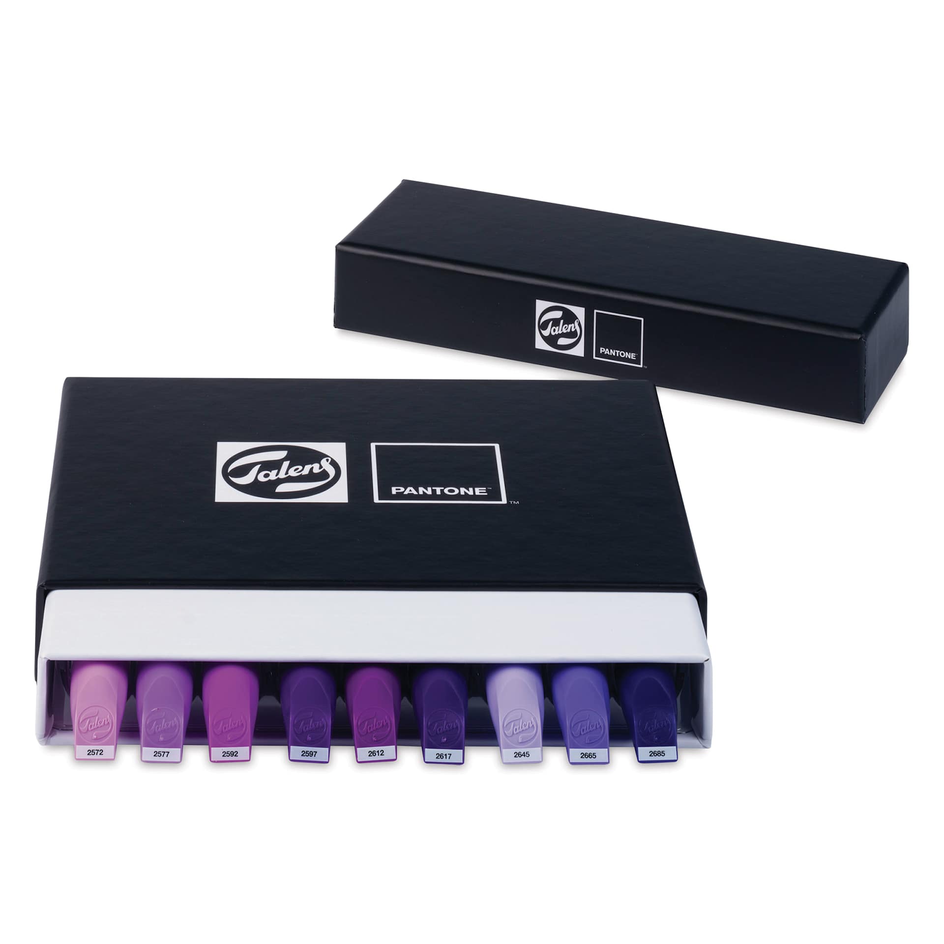 Pantone Dual Tip Markers - Purple, Set of 9, markers inside of the packaging