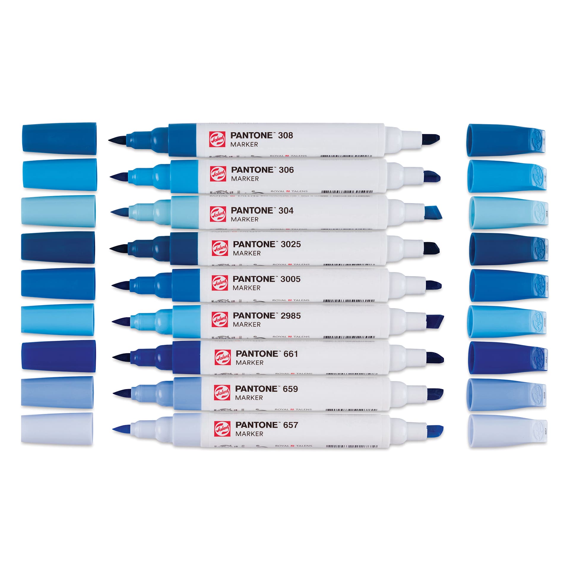 Pantone Dual Tip Markers - Blue, Set of 9, markers laid out with caps off
