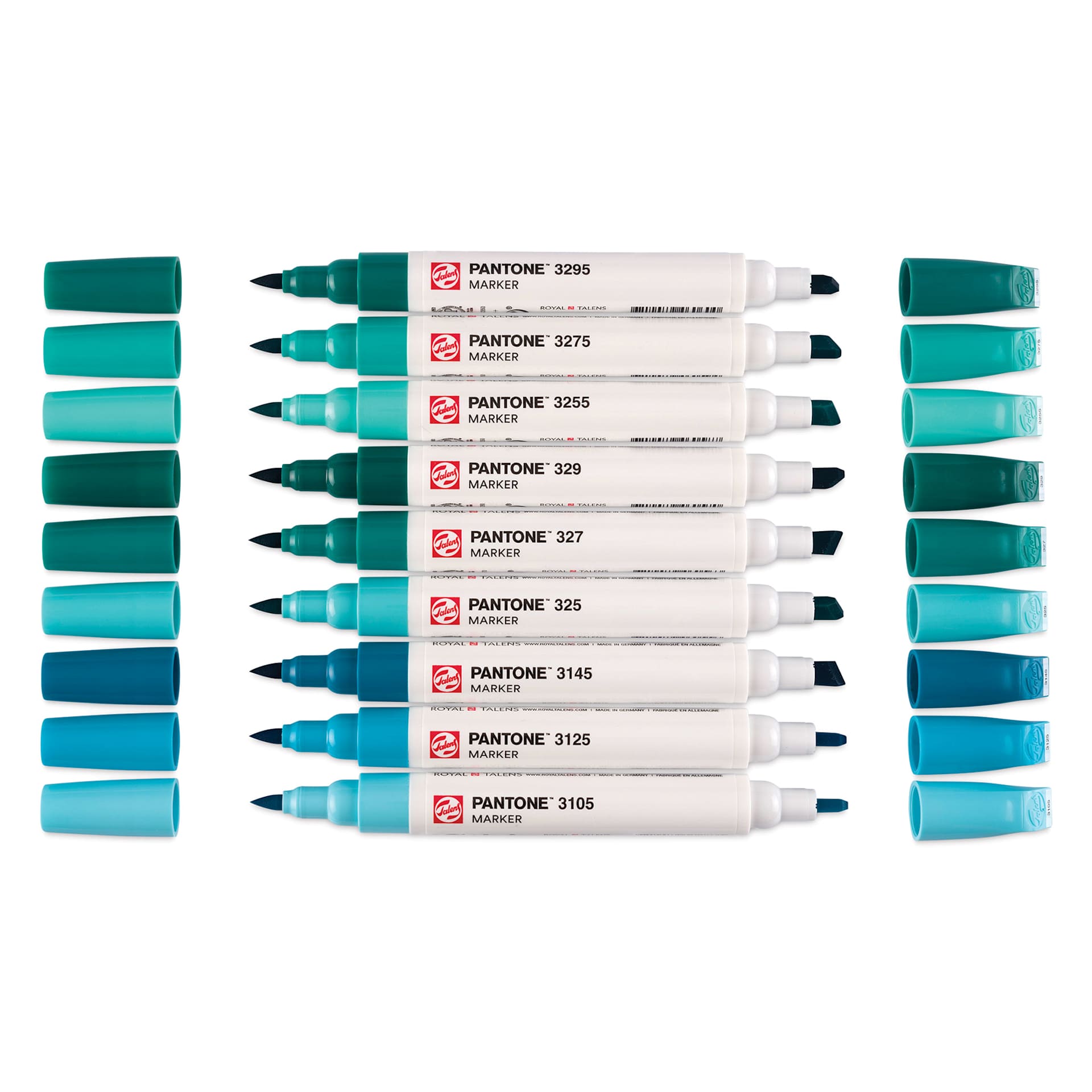 Pantone Dual Tip Markers - Blue Green, Set of 9, markers laid out with caps off