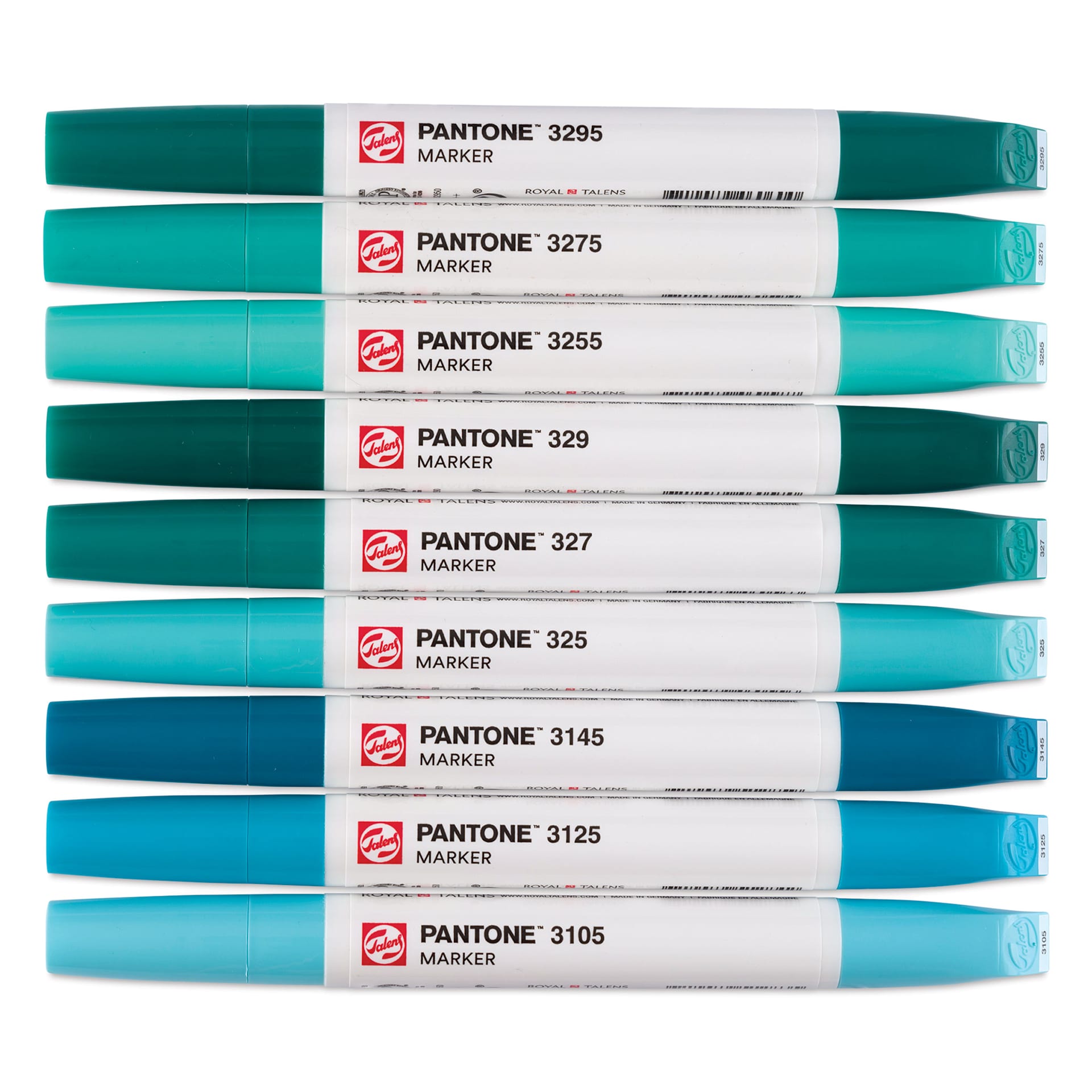 Pantone Dual Tip Markers - Blue Green, Set of 9, markers laid out with caps on