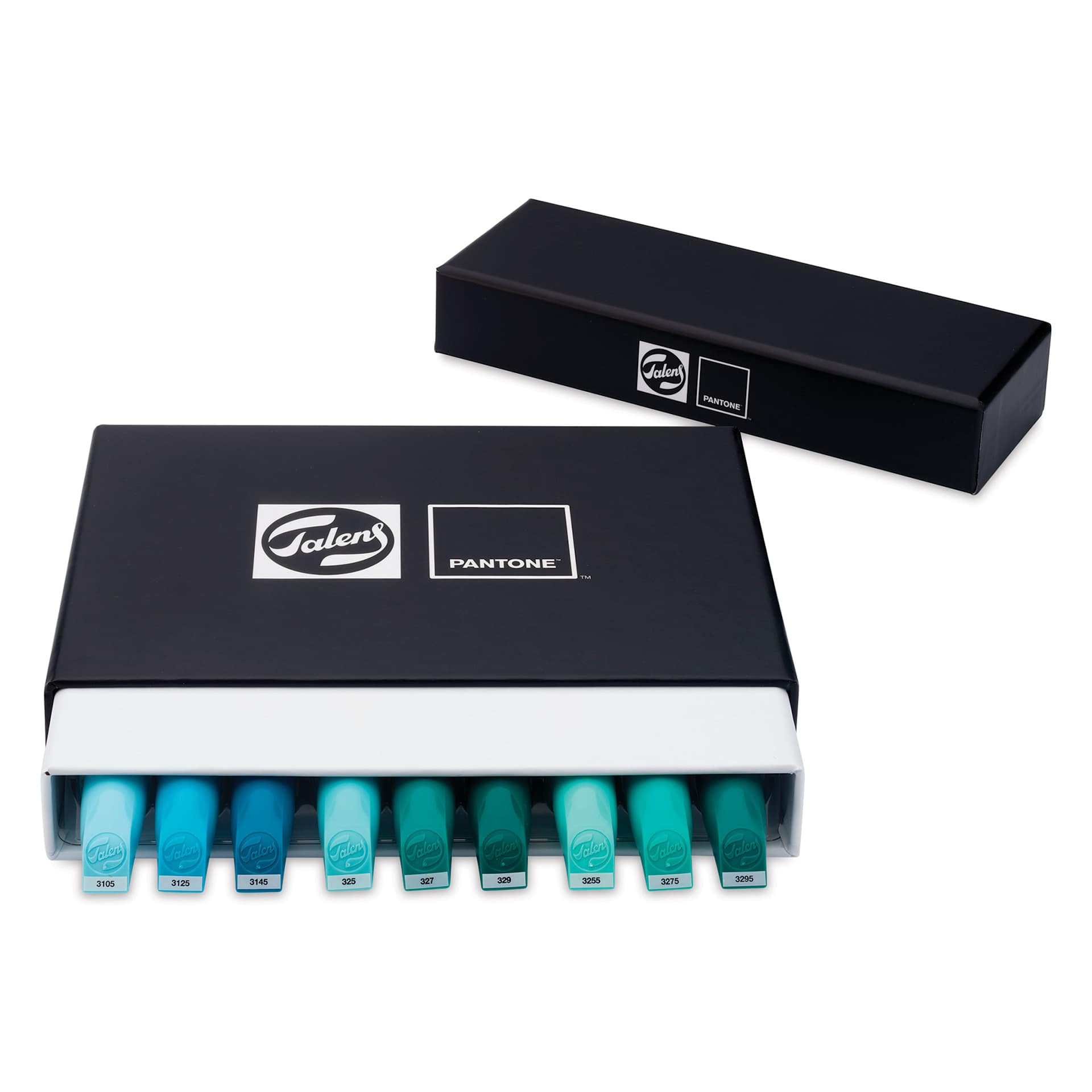 Pantone Dual Tip Markers - Blue Green, Set of 9, markers inside of the packaging