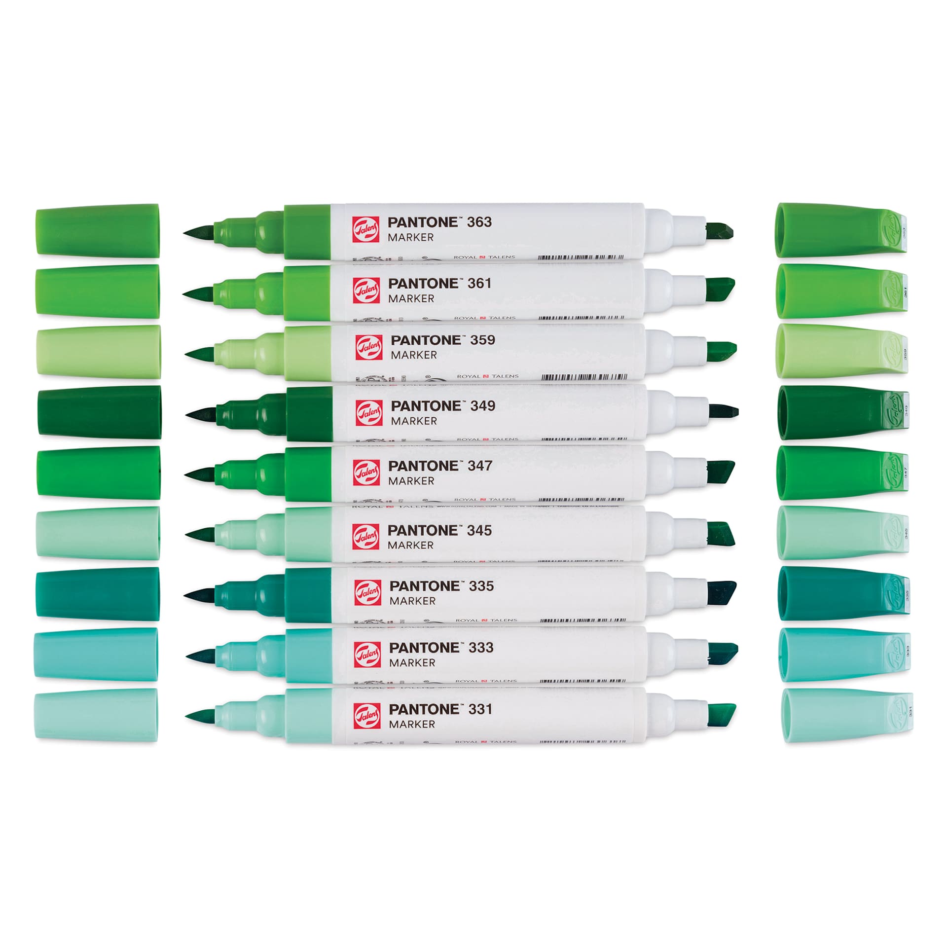 Pantone Dual Tip Markers - Green, Set of 9, markers laid out with caps off