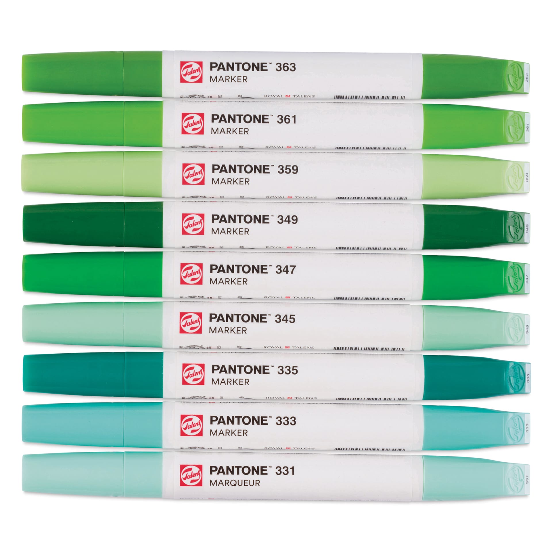 Pantone Dual Tip Markers - Green, Set of 9, markers laid out with caps on