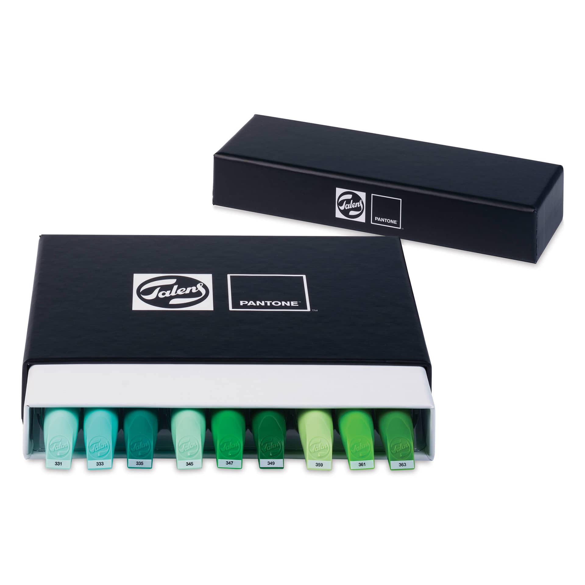 Pantone Dual Tip Markers - Green, Set of 9, markers inside the packaging 
