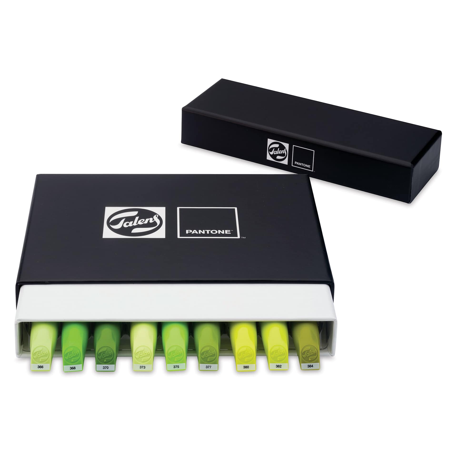 Pantone Dual Tip Markers - Green Yellow, Set of 9, markers inside of the packaging