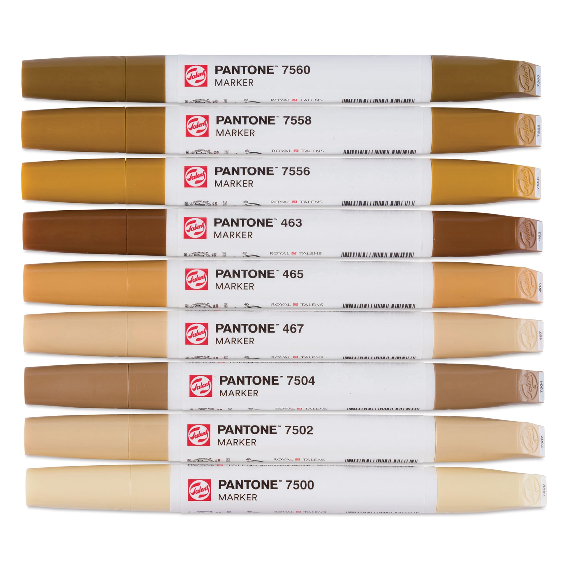 Pantone Dual Tip Markers - Brown, Set of 9, markers laid out with caps on