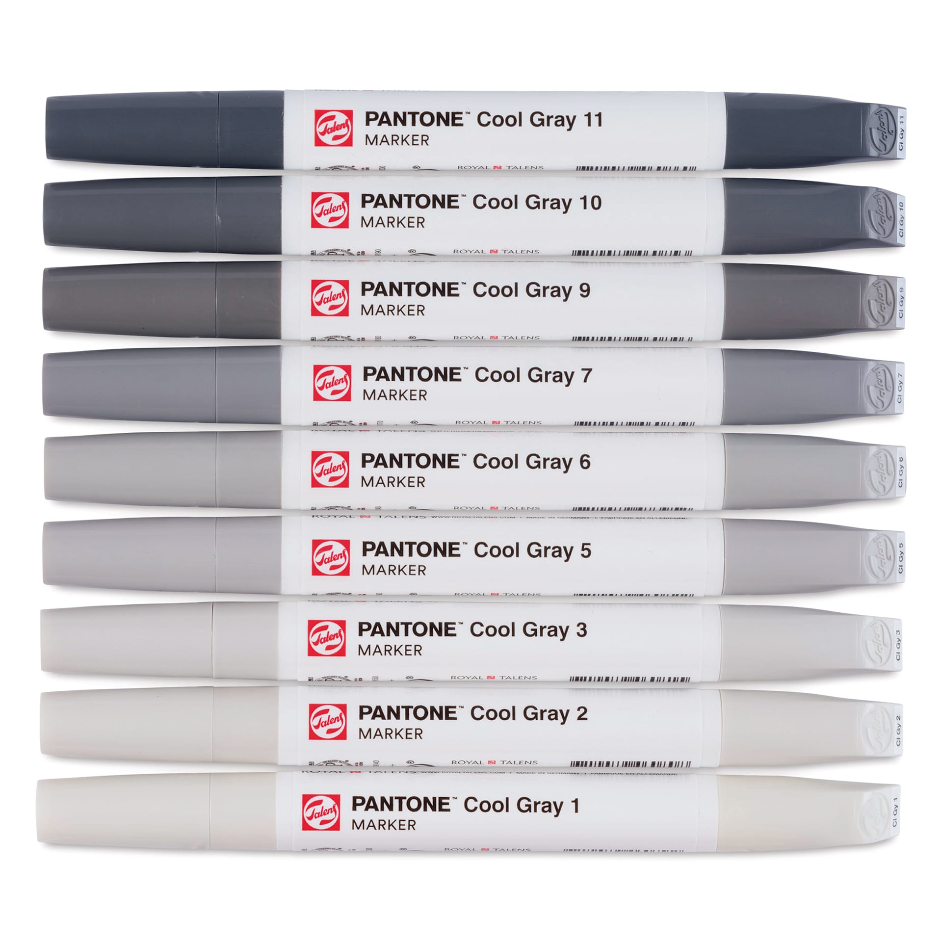 Pantone Dual Tip Markers - Cool Gray, Set of 9, markers laid out with caps on