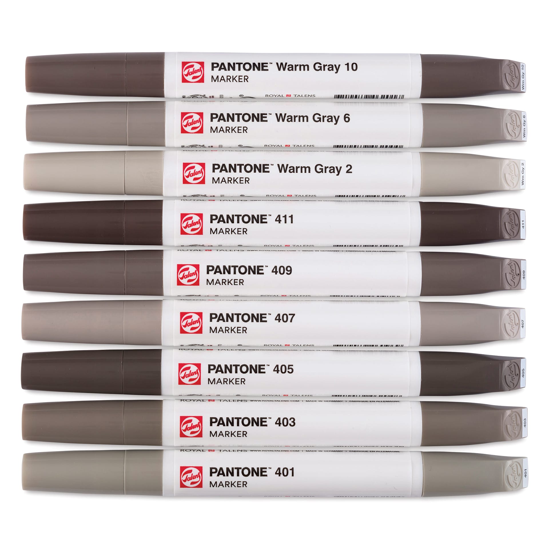 Pantone Dual Tip Markers - Warm Gray, Set of 9, markers laid out with caps on