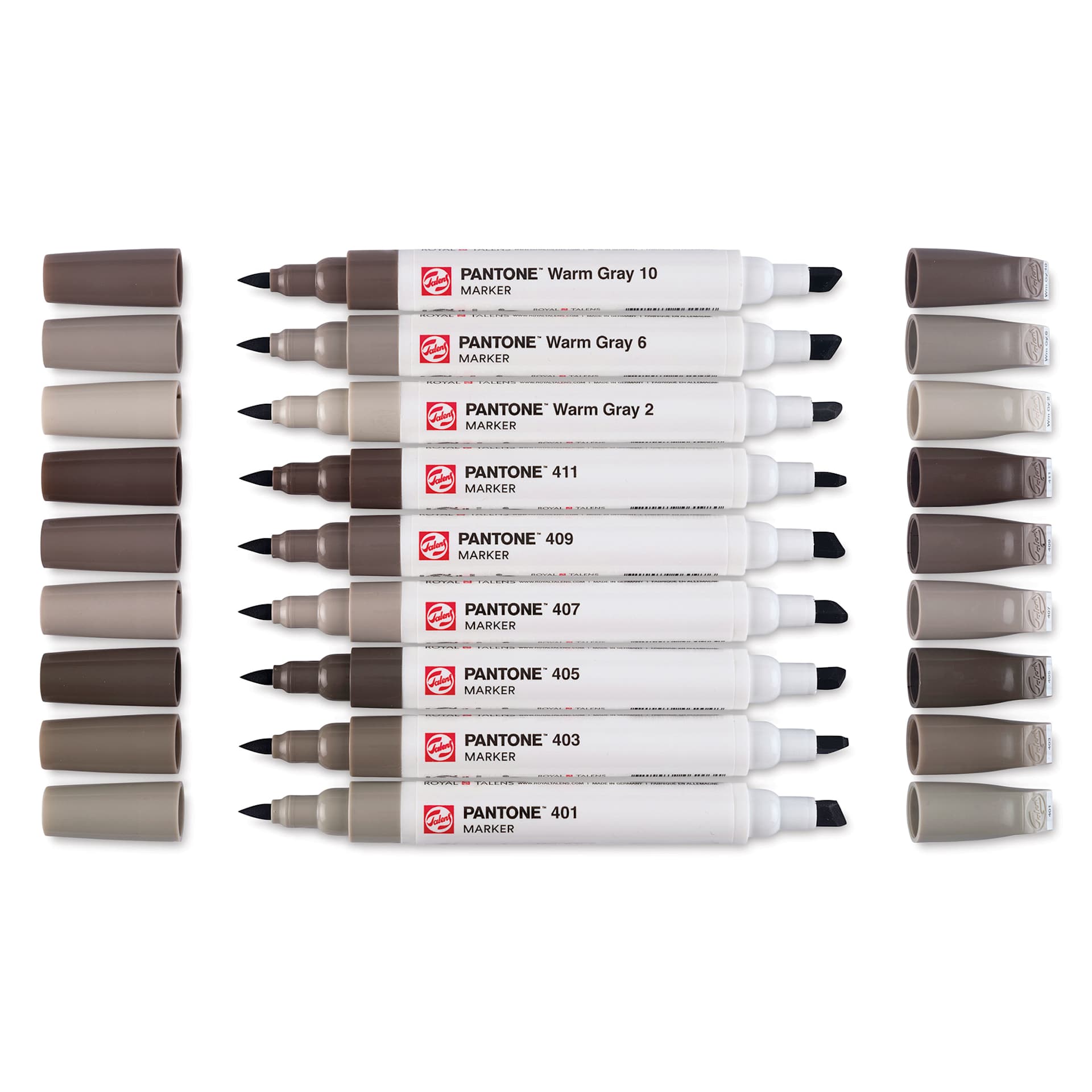 Pantone Dual Tip Markers - Warm Gray, Set of 9, markers laid out with caps off