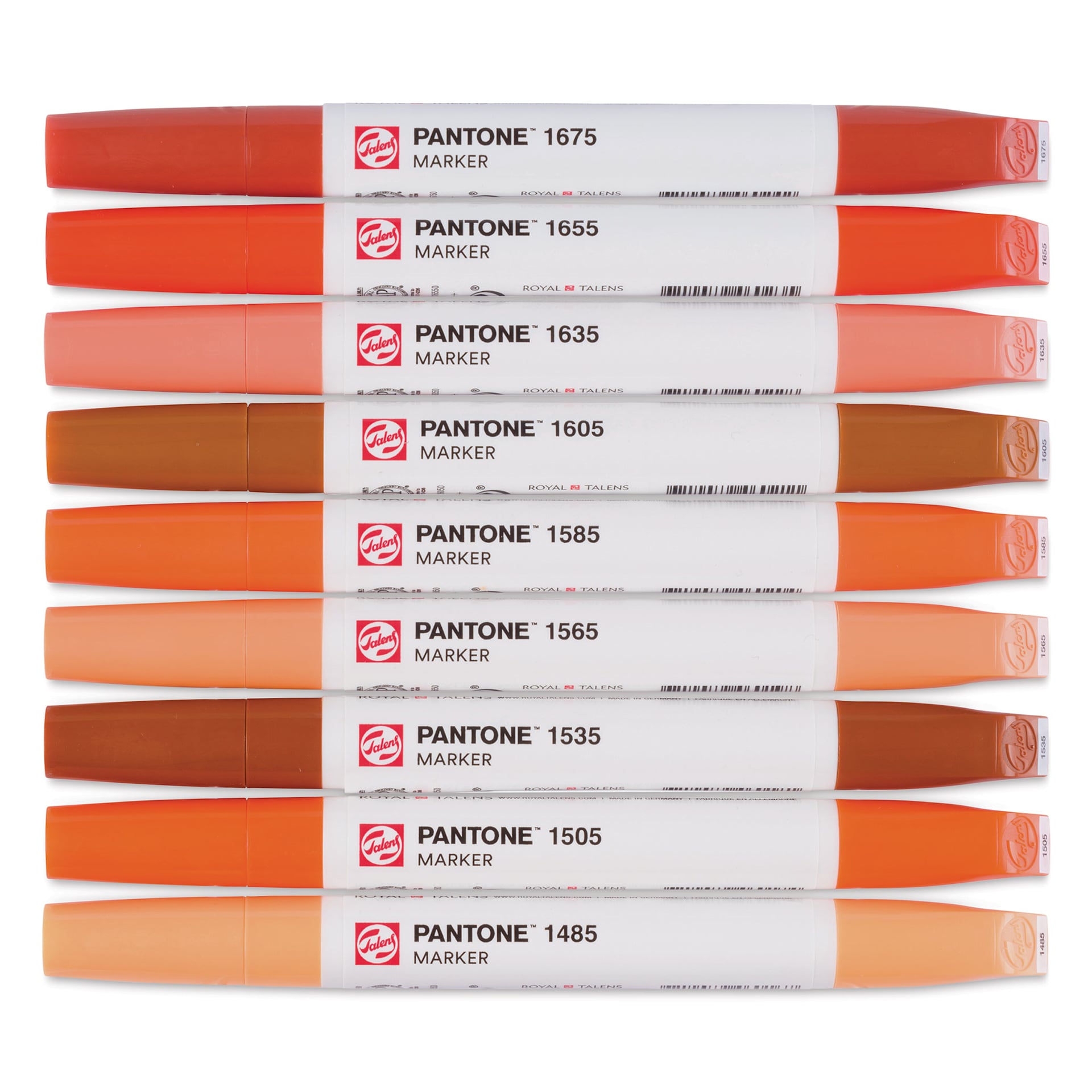 Pantone Dual Tip Markers - Warm Red, Set of 9, markers laid out with caps on