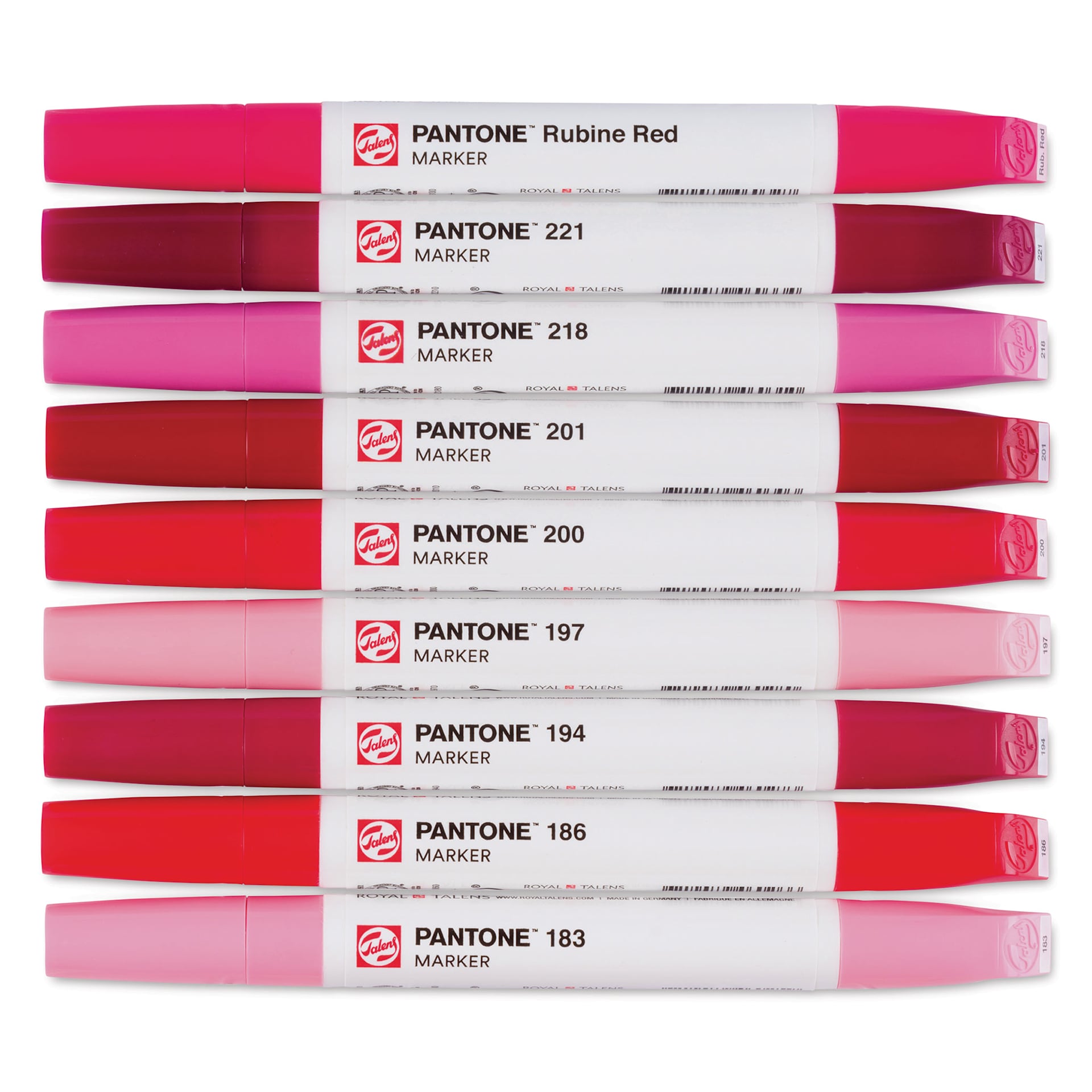 Pantone Dual Tip Markers - Cool Red, Set of 9, markers laid out with caps on