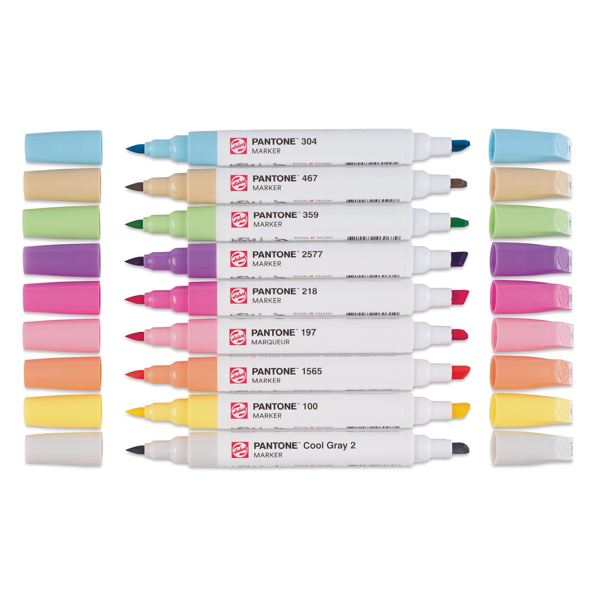 Pantone Dual Tip Markers - Pastel, Set of 9, markers laid out with caps off