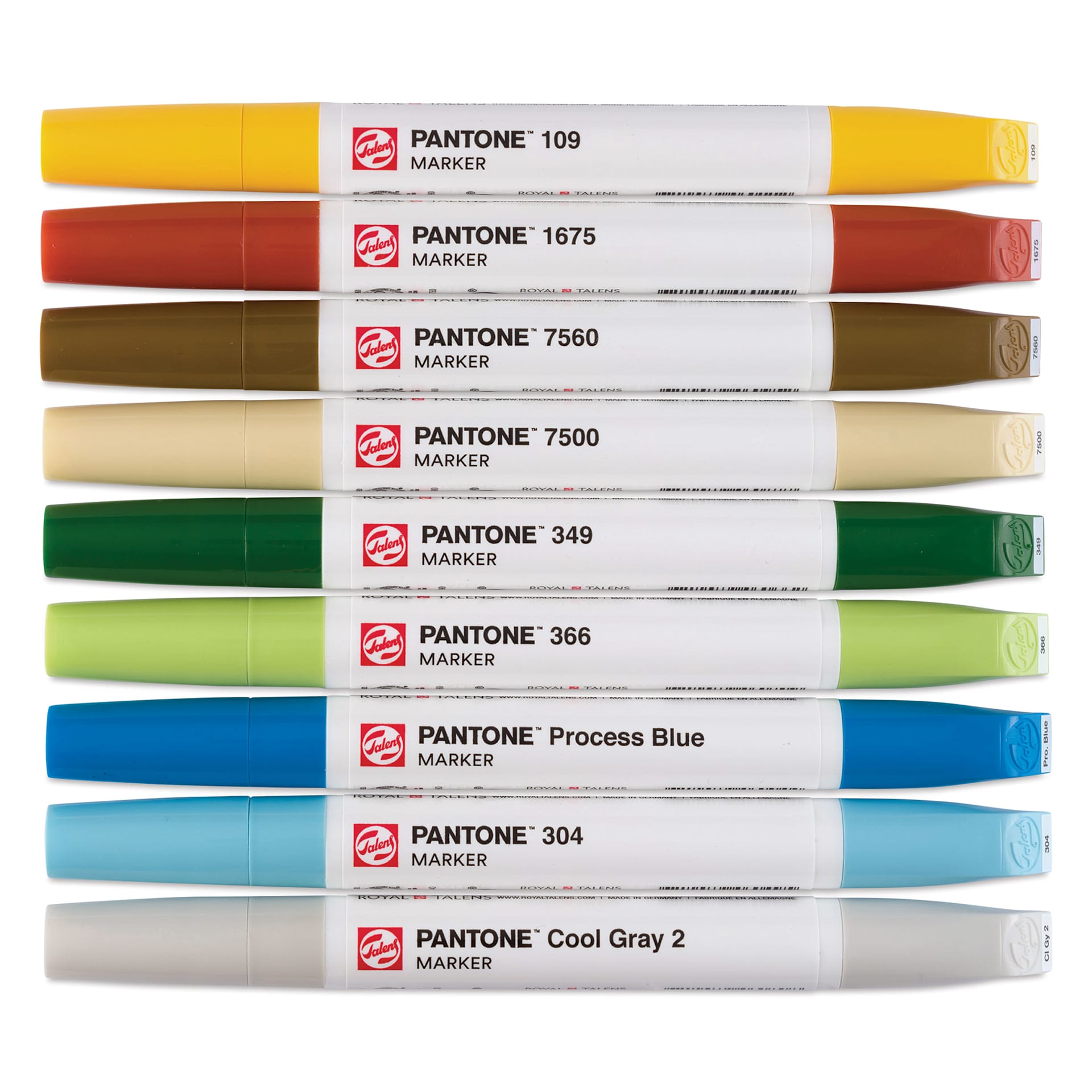 Pantone Dual Tip Markers - Nature, Set of 9, markers laid out with caps on