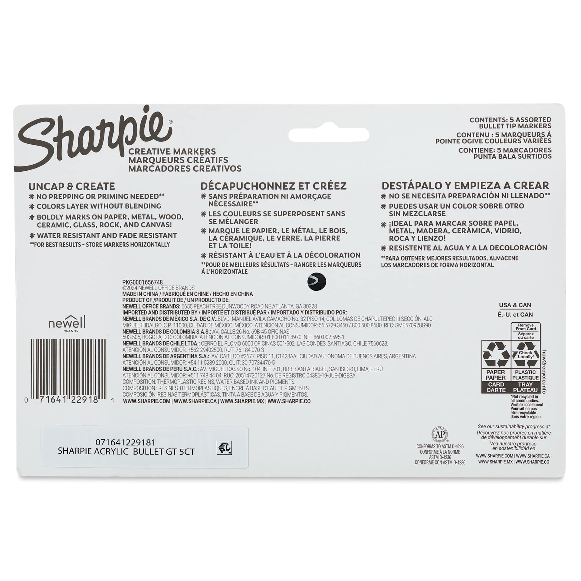 Sharpie Creative Acrylic Markers - Set of 5, Earth Tones Glowing Tropics, Bullet Tip back of packaging