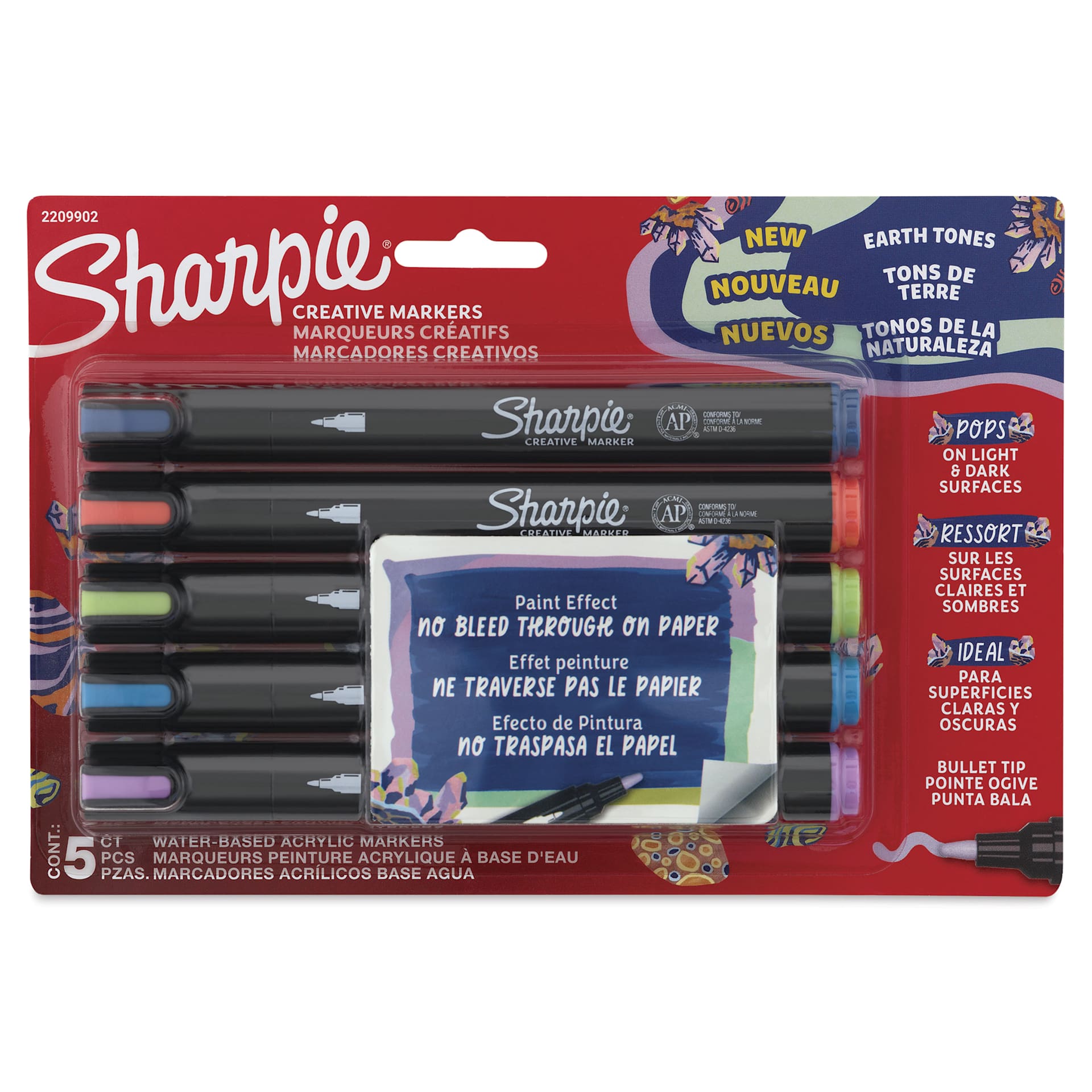 Sharpie Creative Acrylic Markers - Set of 5, Earth Tones Glowing Tropics, Bullet Tip front of packaging
