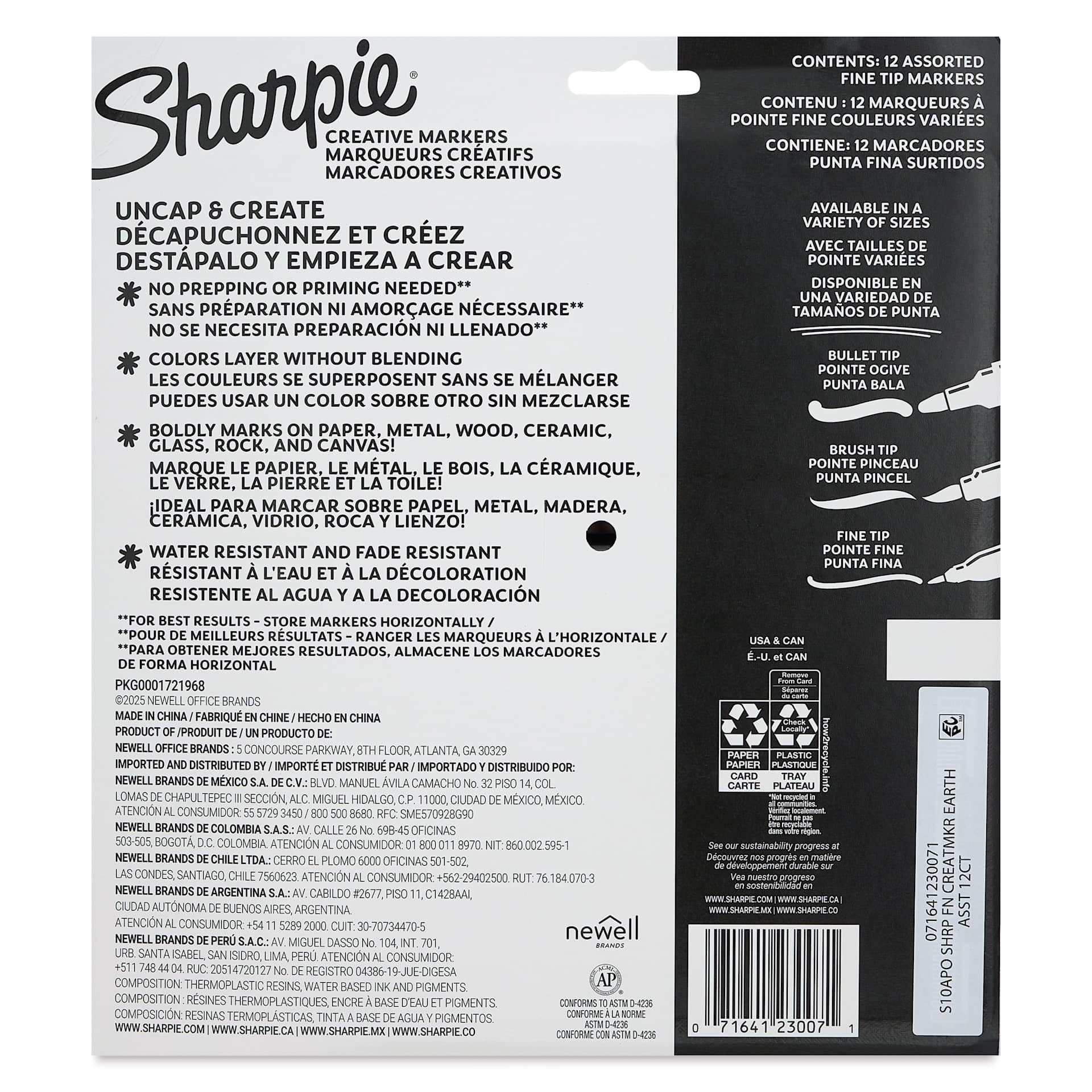 Sharpie Creative Acrylic Markers - Set of 12, Earth Tones, Fine Tip back of packaging