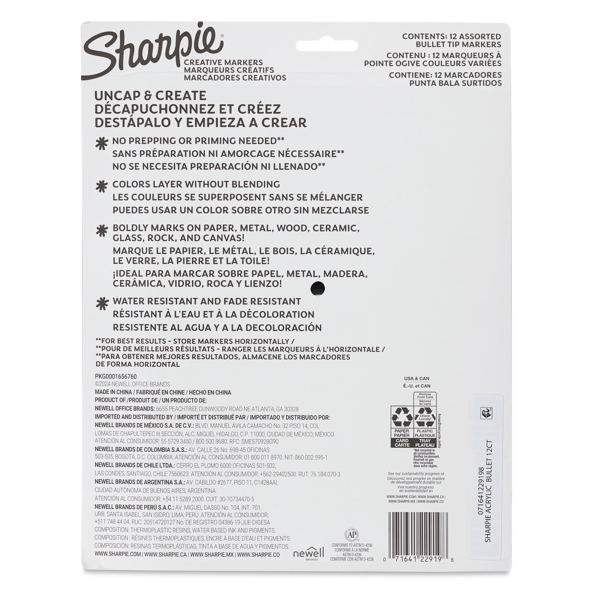 Sharpie Creative Acrylic Markers - Set of 12, Earth Tones Mineral, Bullet Tip back of packaging