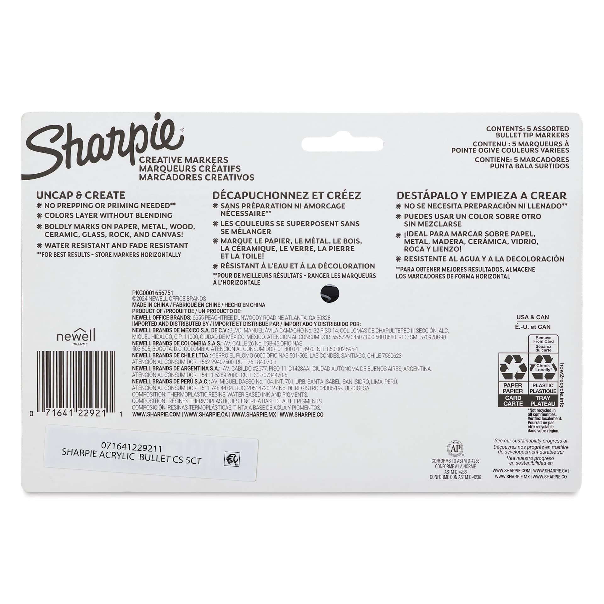Sharpie Creative Acrylic Markers - Set of 5, Earth Tones Celestial Skies, Bullet Tip back of packaging