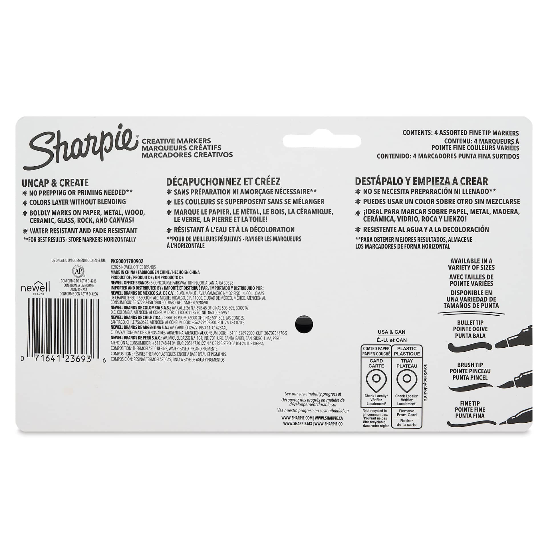 Sharpie Creative Acrylic Markers - Set of 4, Metallic Colors, Fine Tip, back of packaging