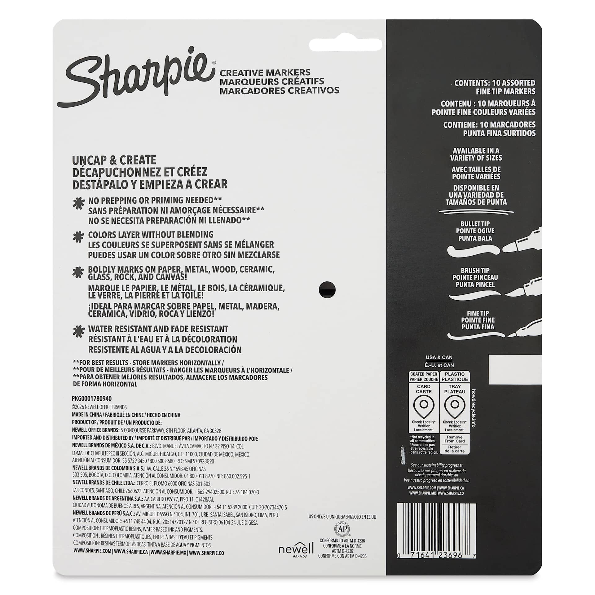 Sharpie Creative Acrylic Markers - Set of 10, Metallic Colors, Fine Tip, back of packaging