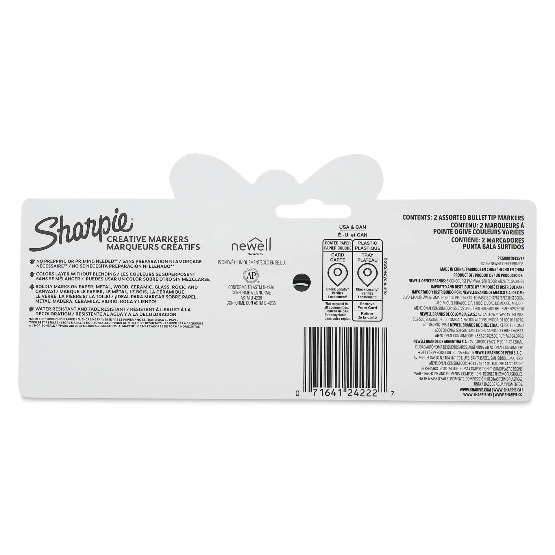 Sharpie Creative Acrylic Markers - Set of 2, Metallic Colors, Bullet Tip, back of packaging