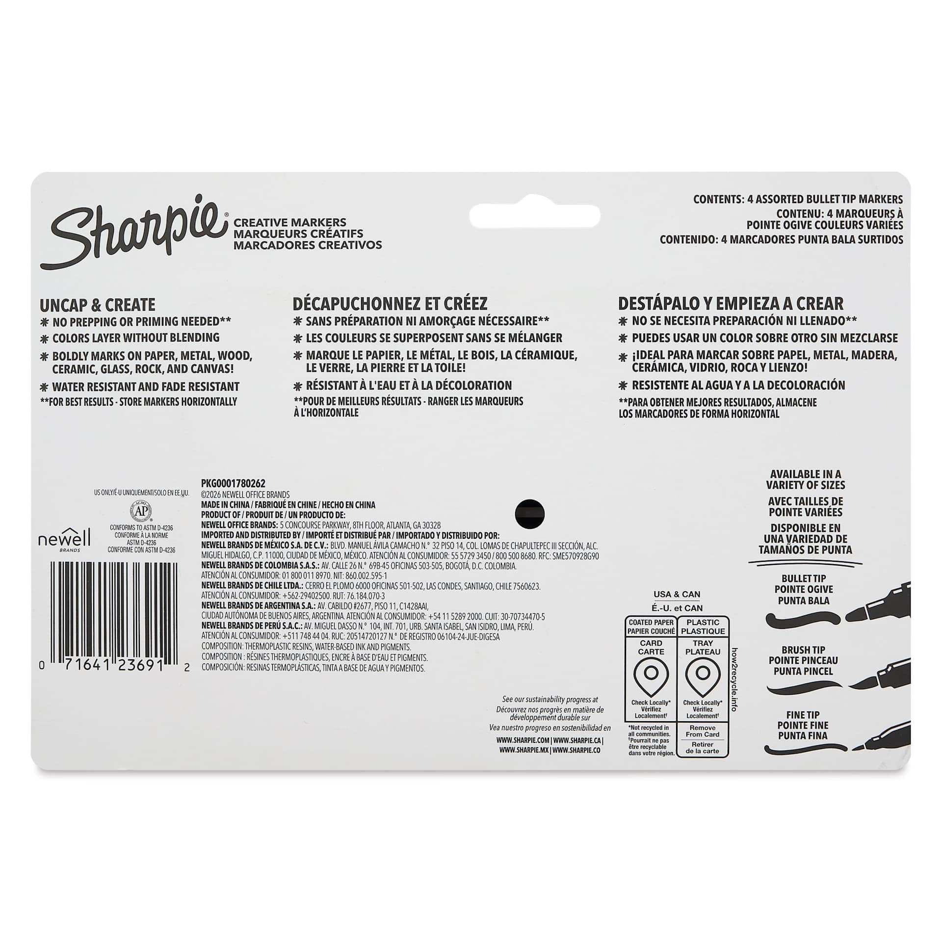 Sharpie Creative Acrylic Markers - Set of 4, Metallic Colors, Bullet Tip, back of packaging