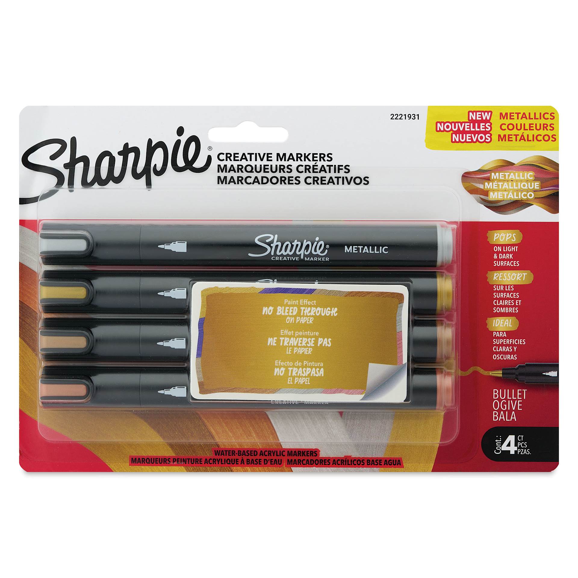 Sharpie Creative Acrylic Markers - Set of 4, Metallic Colors, Bullet Tip, front of packaging