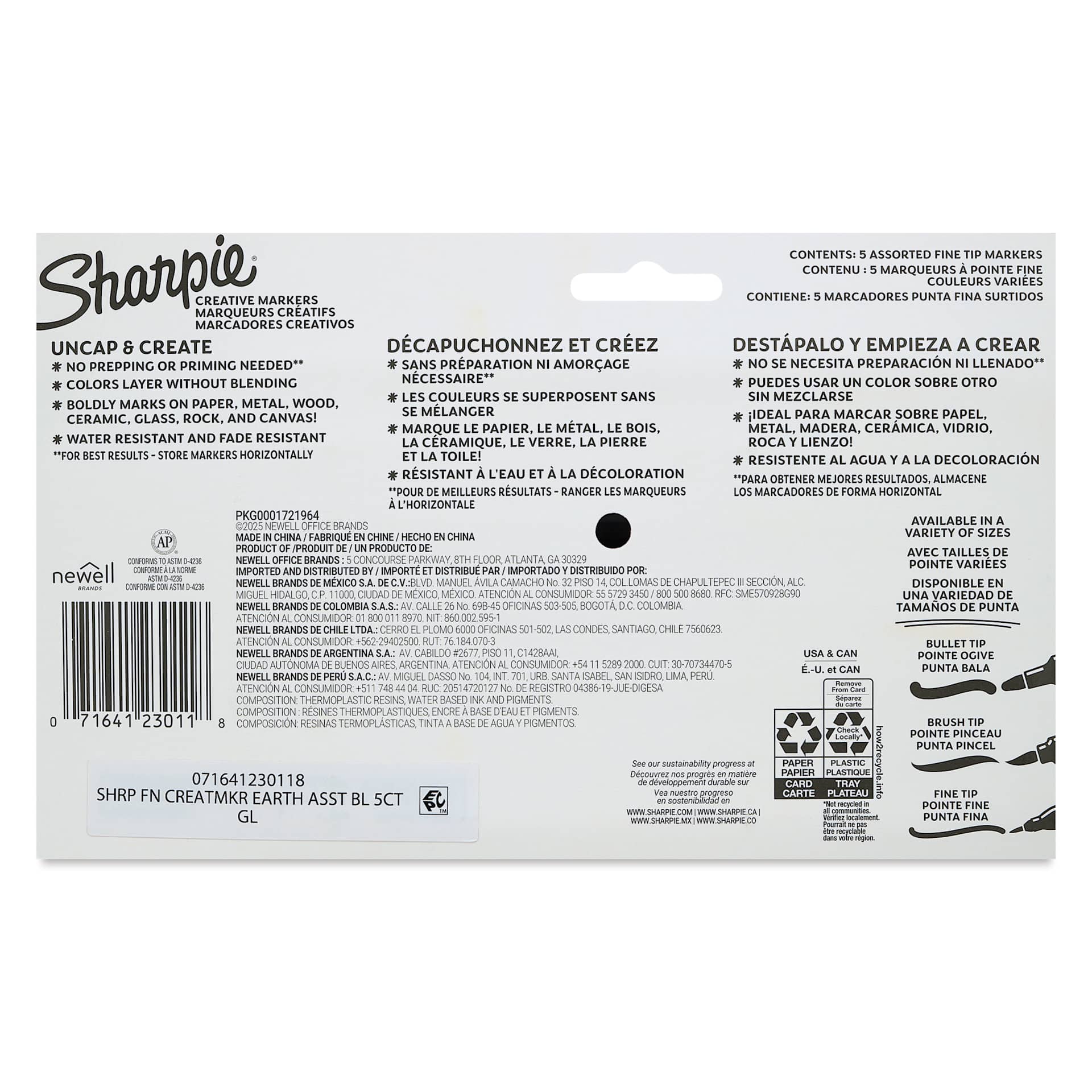 Sharpie Creative Acrylic Markers - Set of 5, Earth Tones, Fine Tip back of packaging