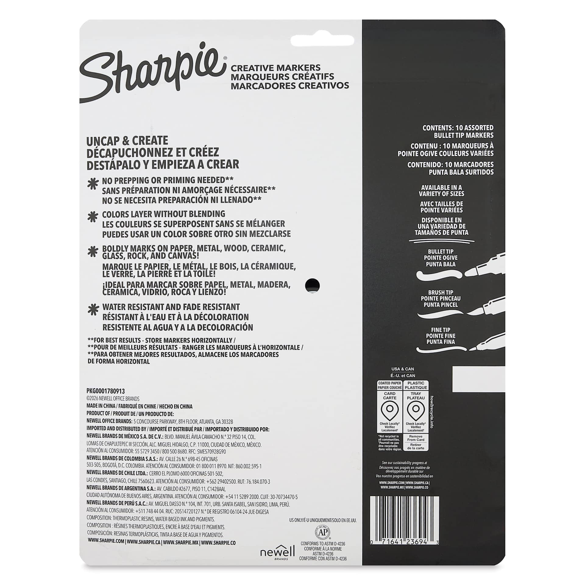 Sharpie Creative Acrylic Markers - Set of 10, Metallic Colors, Bullet Tip, back of packaging