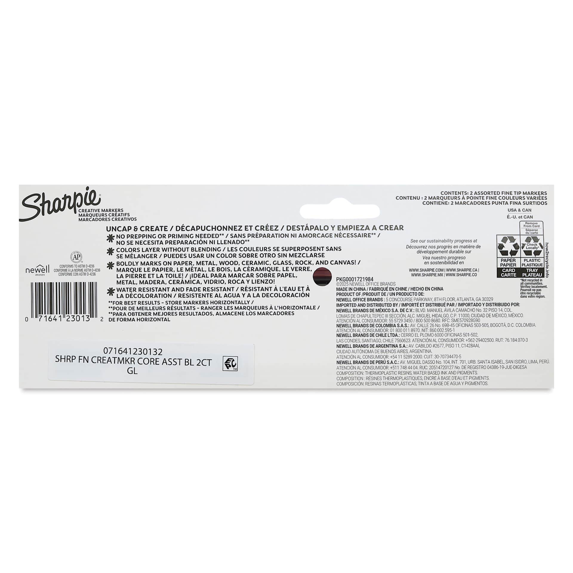 Sharpie Creative Acrylic Markers - Set of 2, Black and White, Fine Tip back of packaging