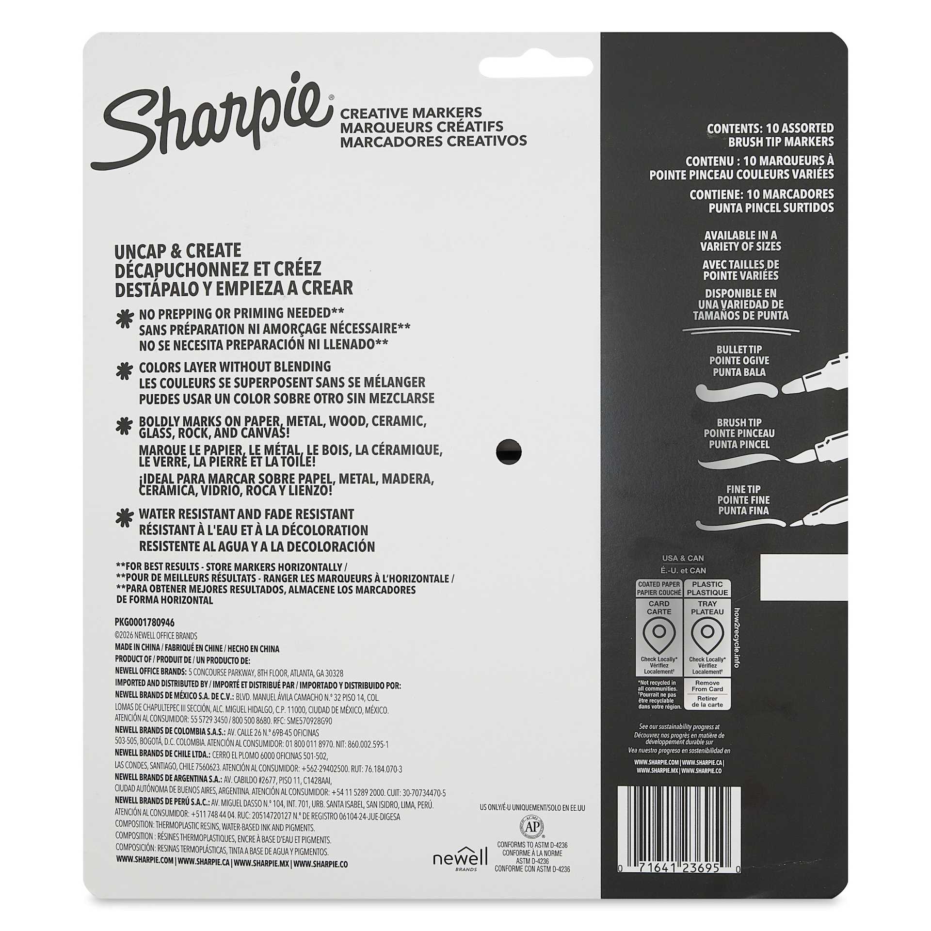 Sharpie Creative Acrylic Markers - Set of 10, Metallic Colors, Brush Tip, back of packaging