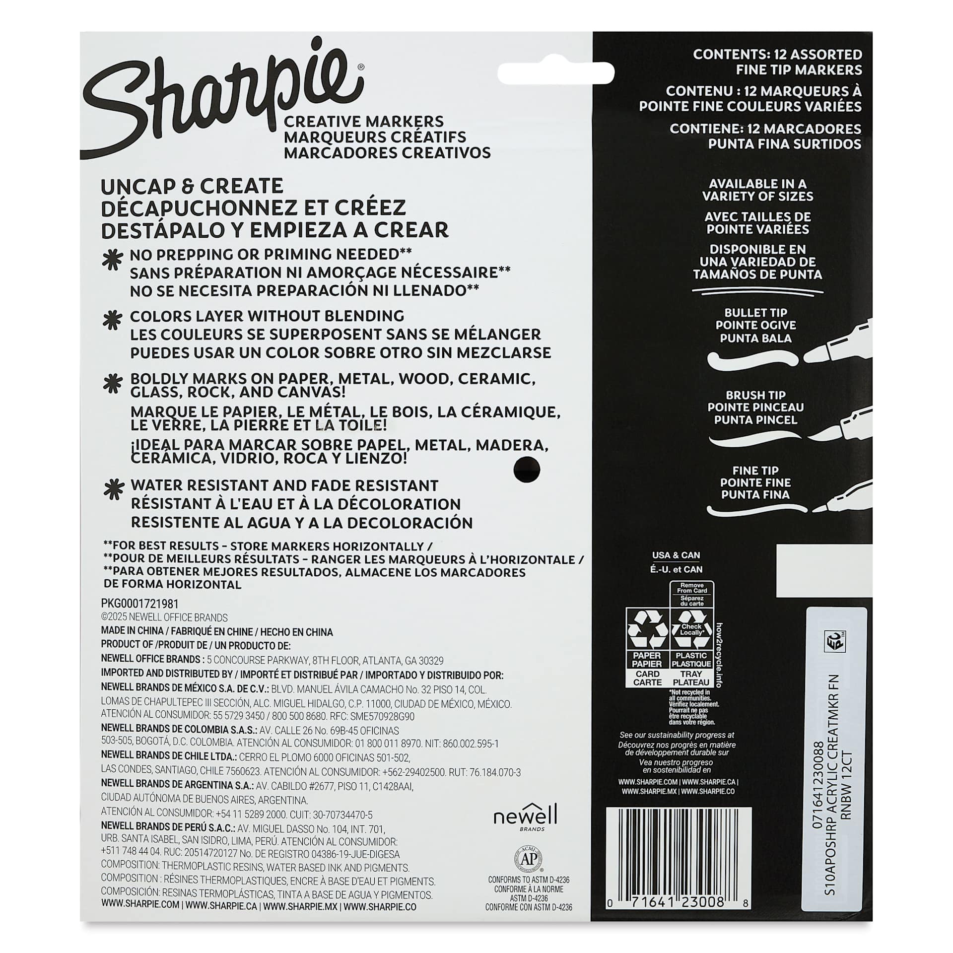 Sharpie Creative Acrylic Markers - Set of 12, Classic, Fine Tip back of packaging