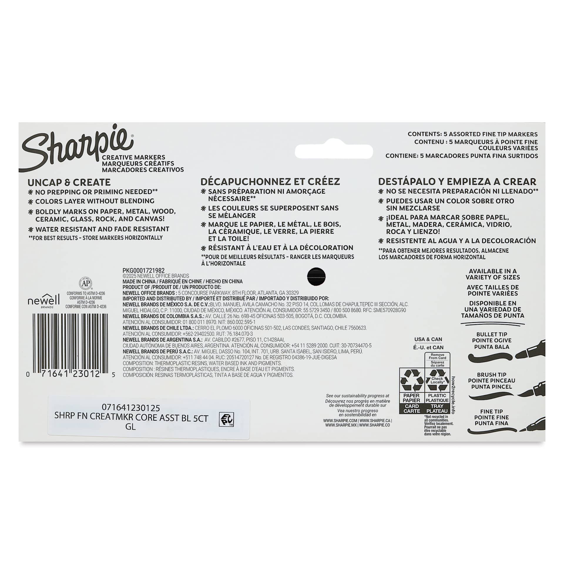 Sharpie Creative Acrylic Markers - Set of 5, Classic, Fine Tip back of packaging