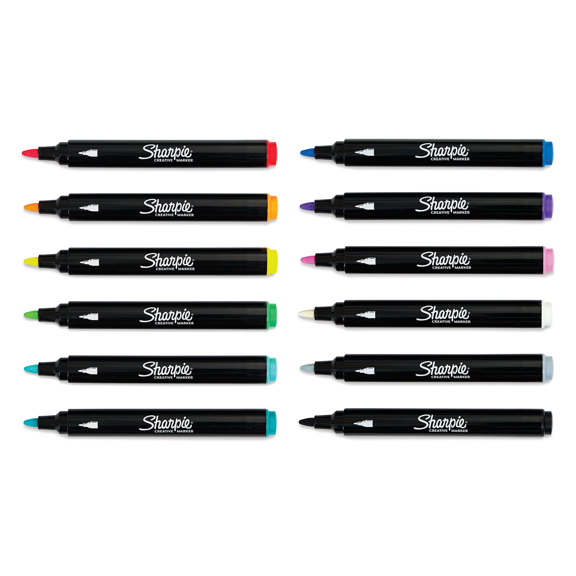 Sharpie Creative Acrylic Markers - Set of 12, Bullet Tip markers laid out with caps off