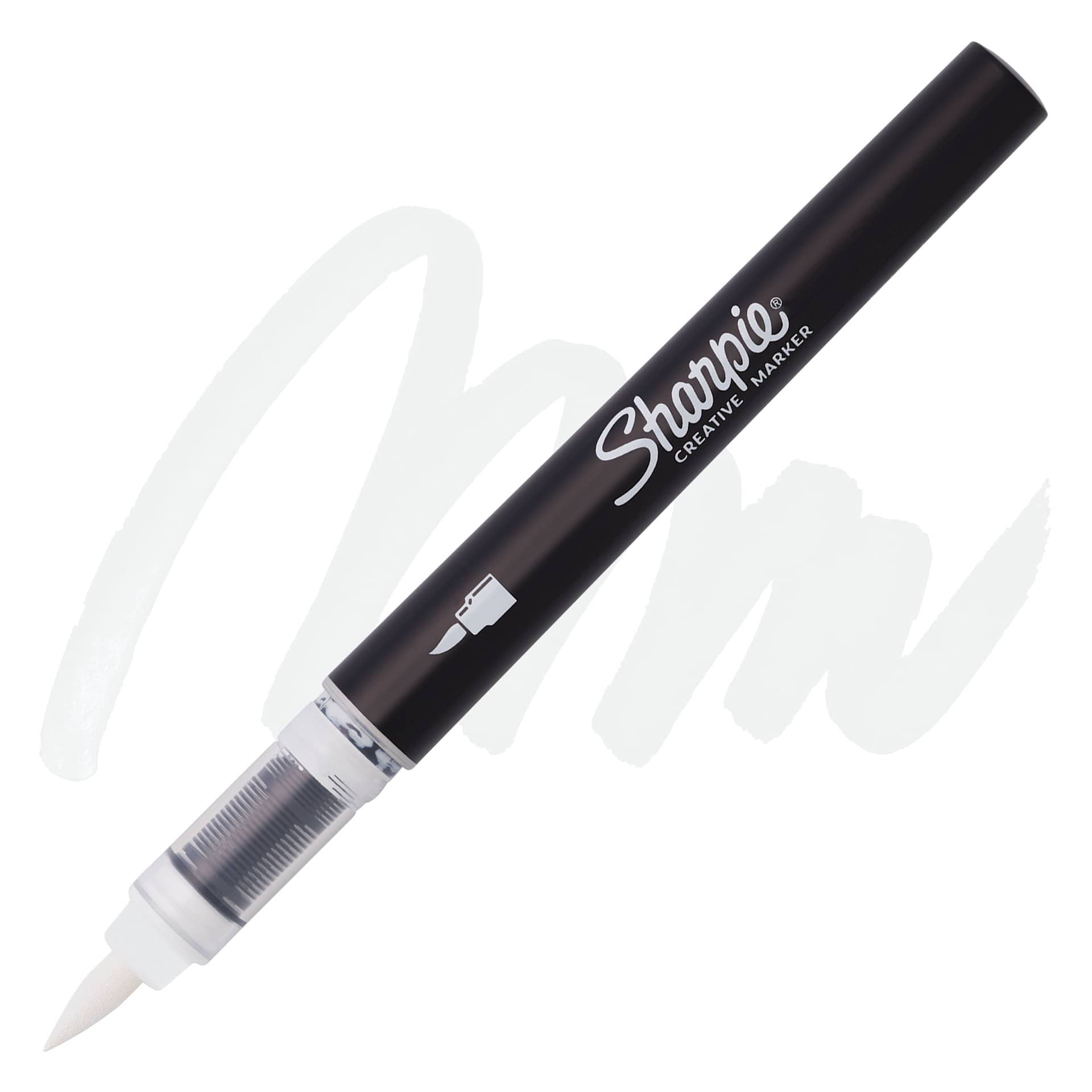 Sharpie Creative Acrylic Marker - White, Brush Tip swatch and marker