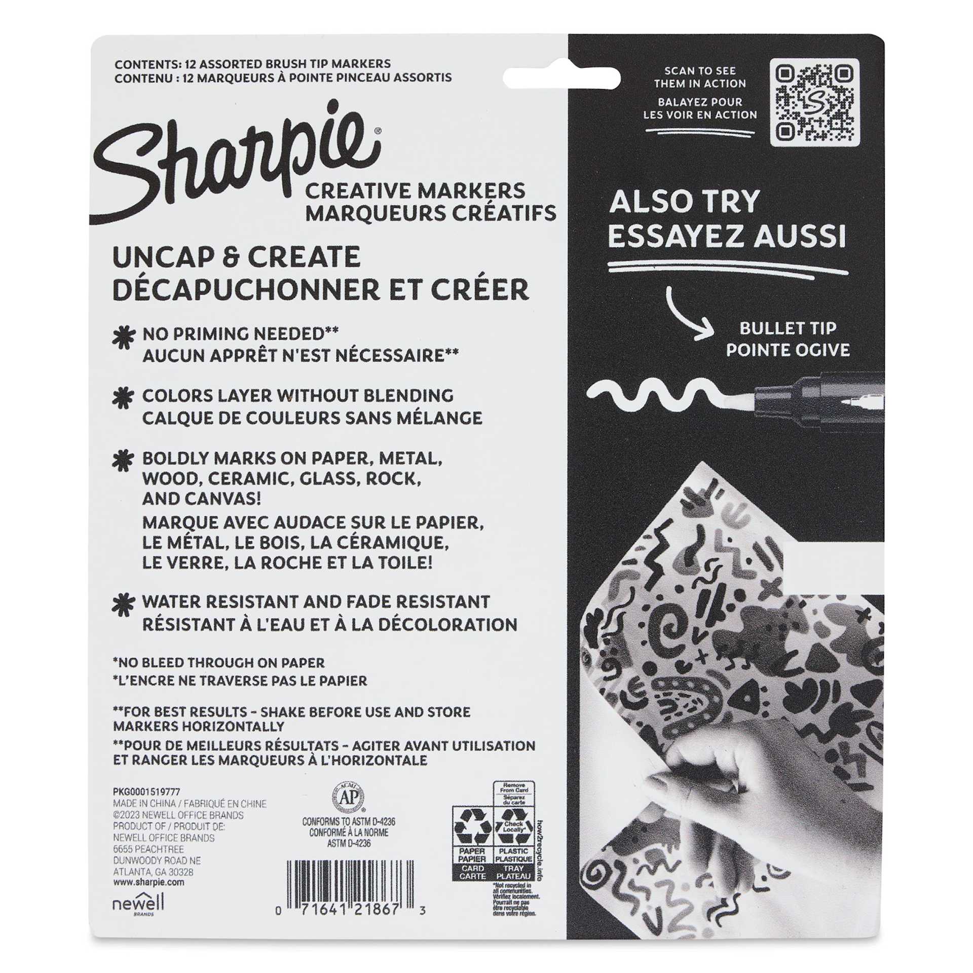 Sharpie Creative Acrylic Markers - Set of 12, Brush Tip back of the packaging