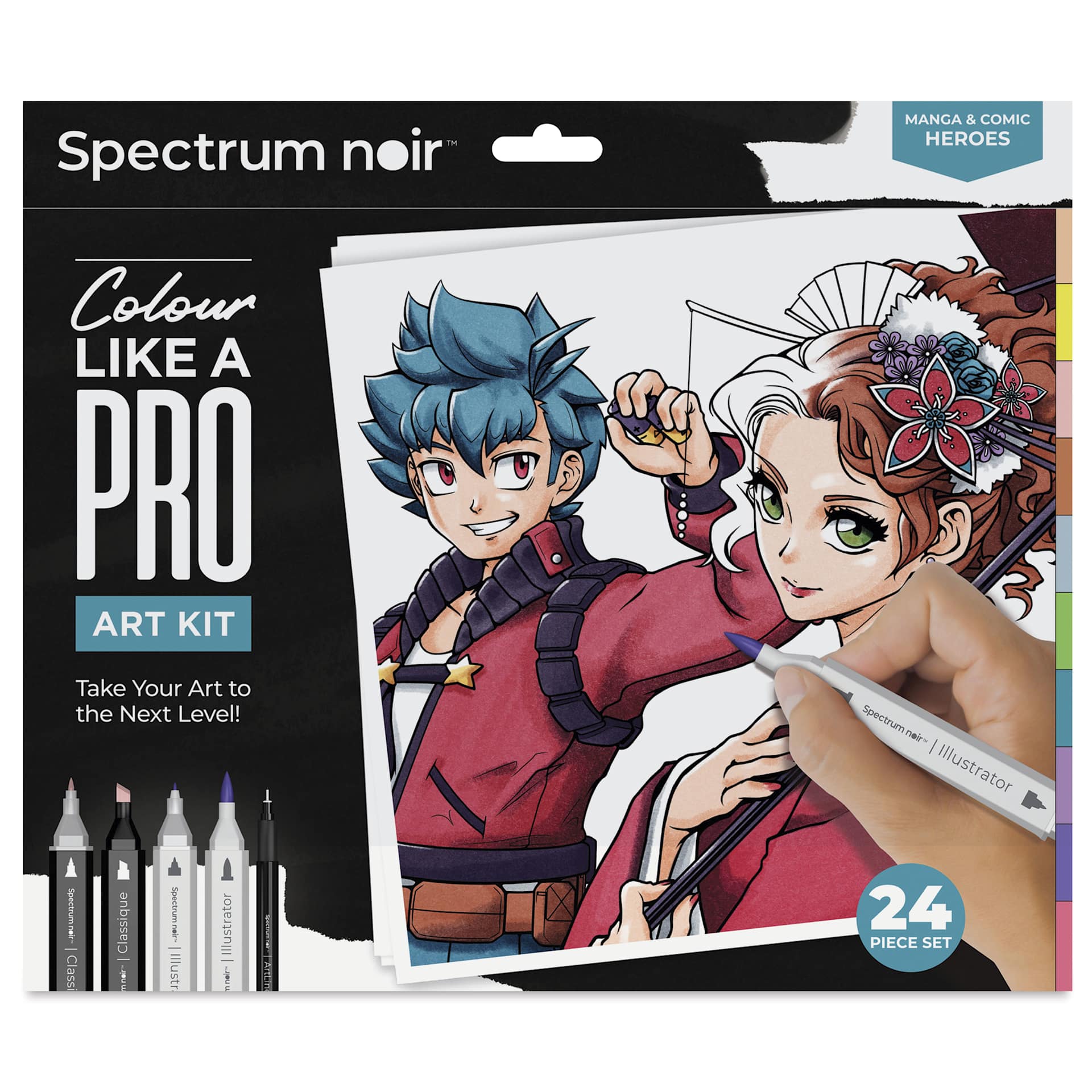 Spectrum Noir Manga Pro Fan Art Markers - Manga and Comic Heroes, Kit of 24, front of the packaging