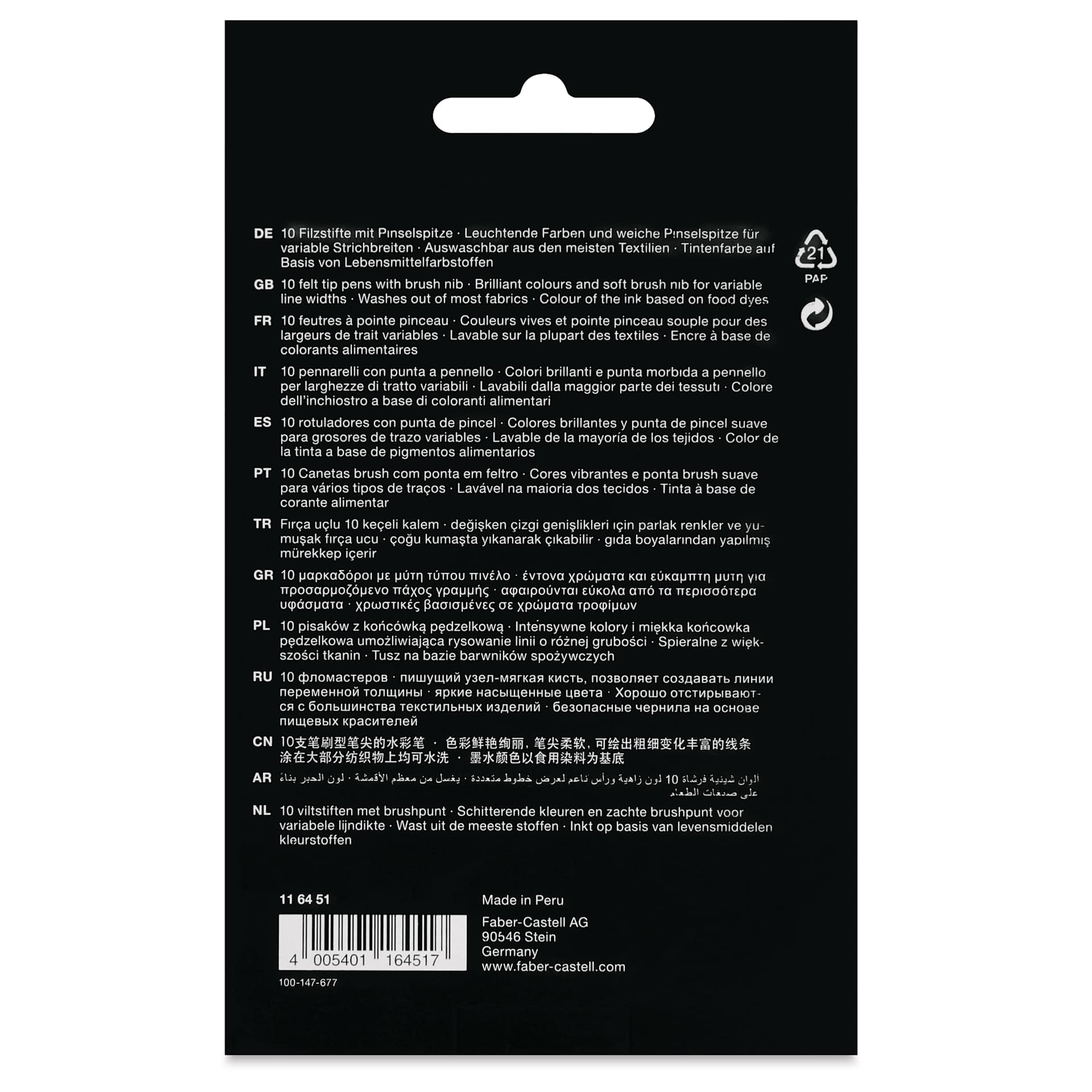 Faber-Castell Black Edition Brush Pens - Assorted Colors, Set of 10, back oft he packaging