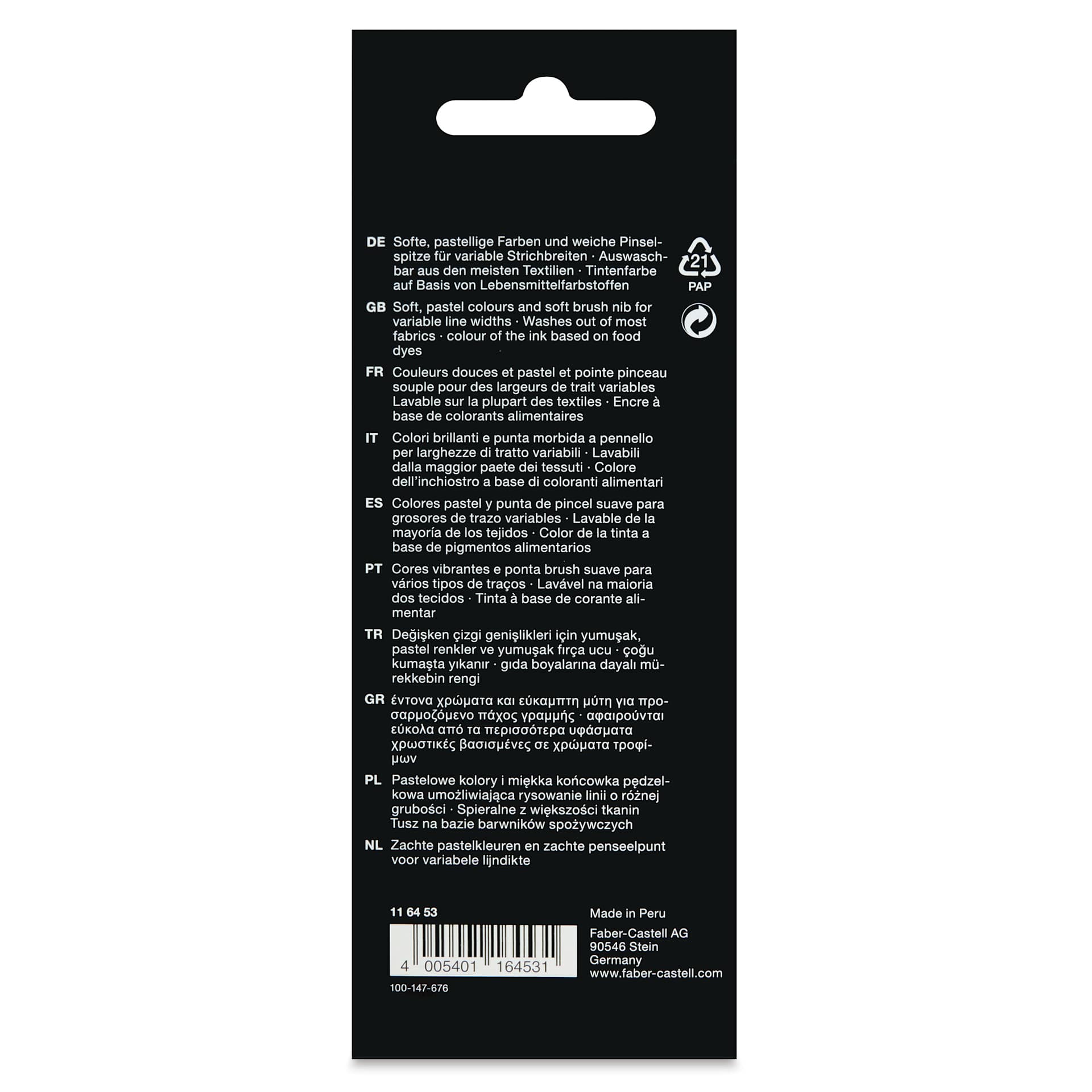 Faber-Castell Black Edition Brush Pens - Pastel Colors, Set of 6, back of the packaging