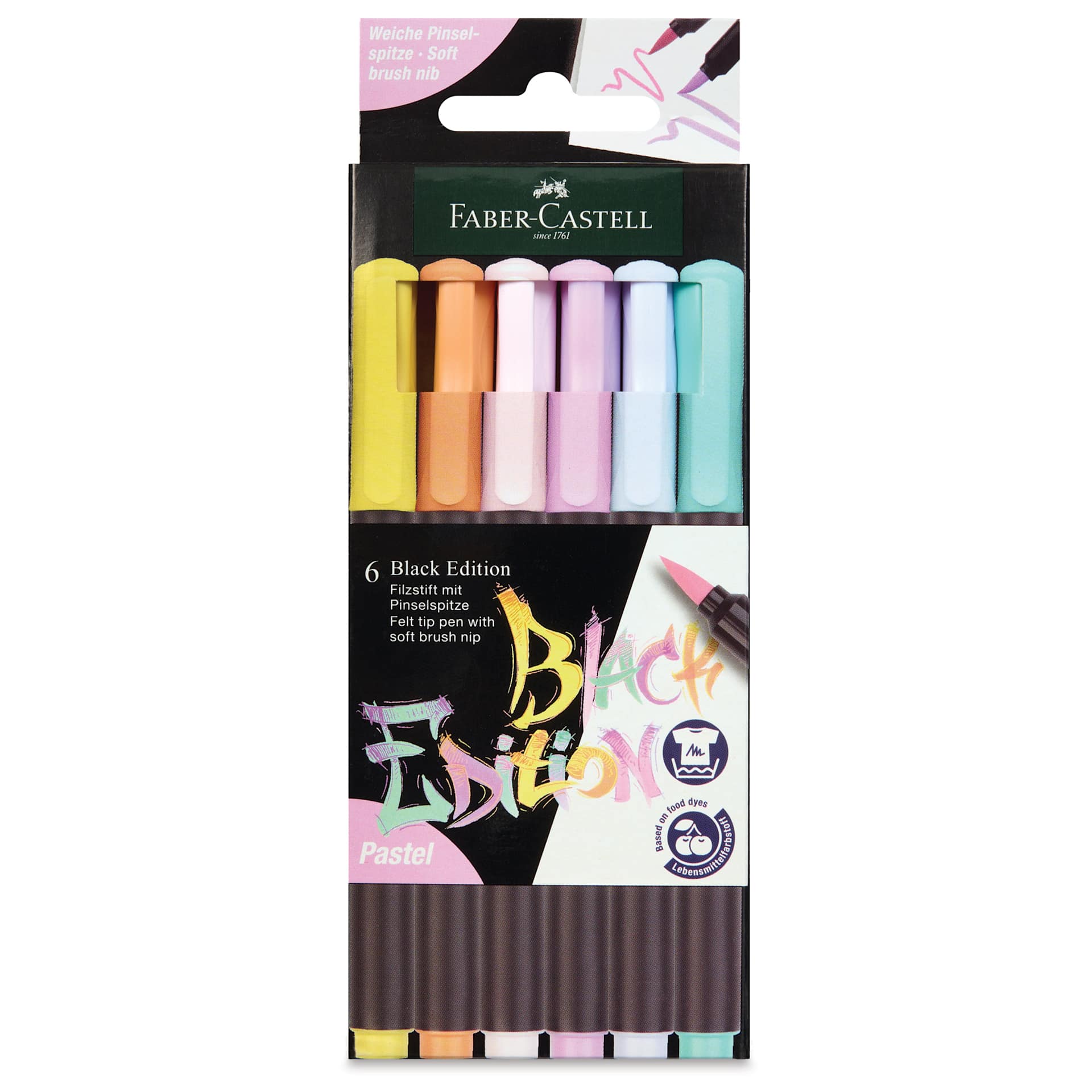 Faber-Castell Black Edition Brush Pens - Pastel Colors, Set of 6, front of the packaging