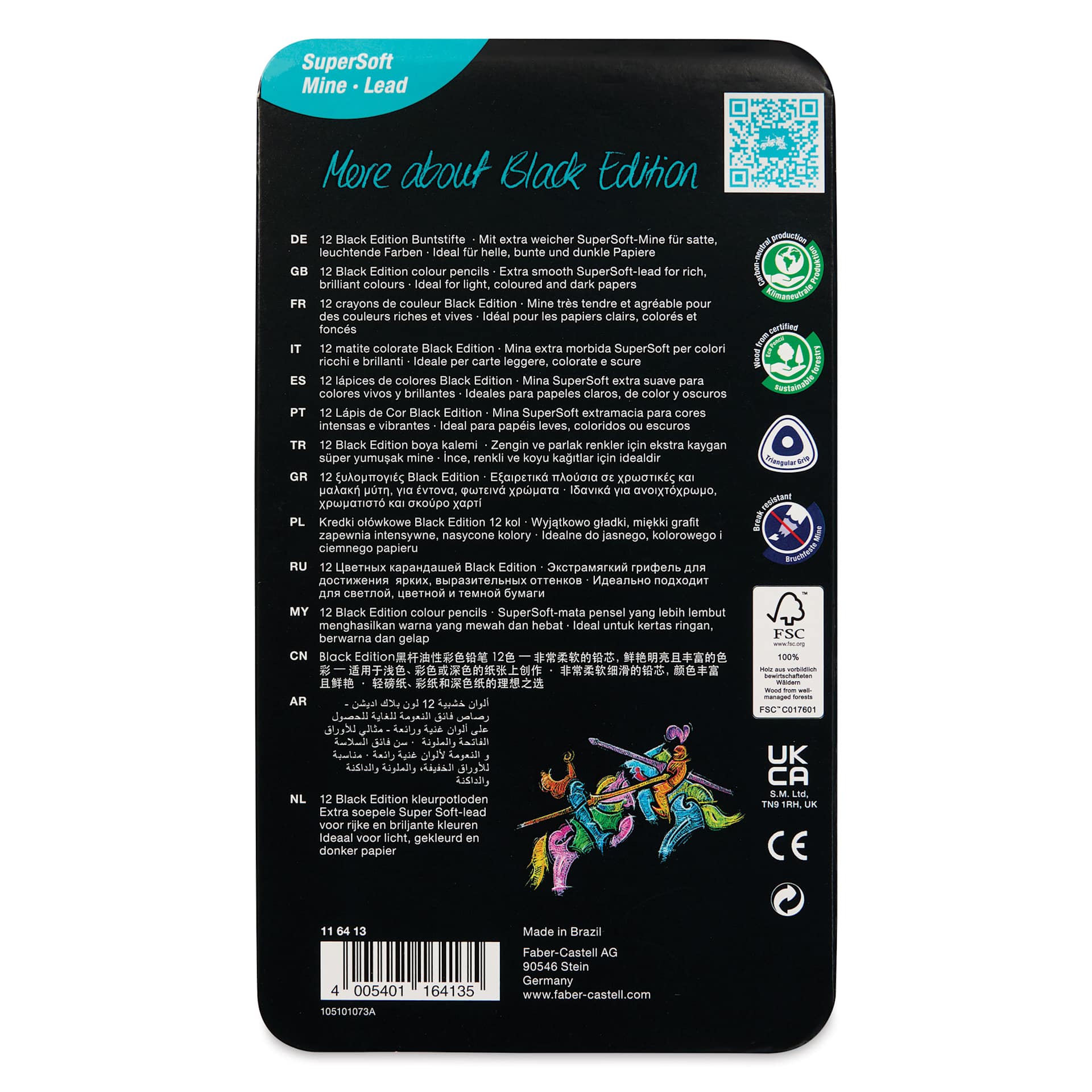 Faber-Castell Black Edition Colored Pencils - Assorted Colors, Tin Set of 12, back of the packaging