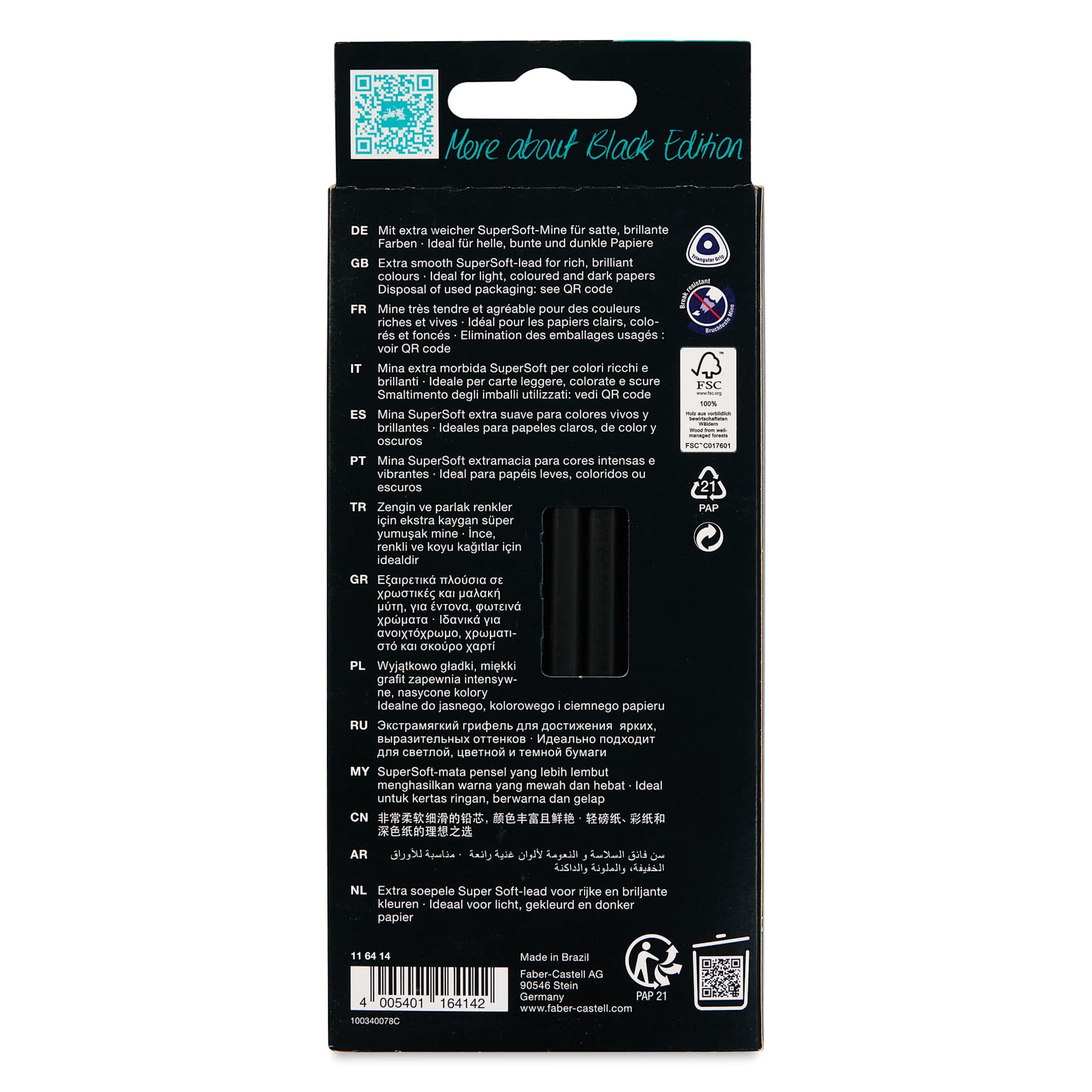 Faber-Castell Black Edition Colored Pencils - Skin Tones, Set of 12, back of the packaging