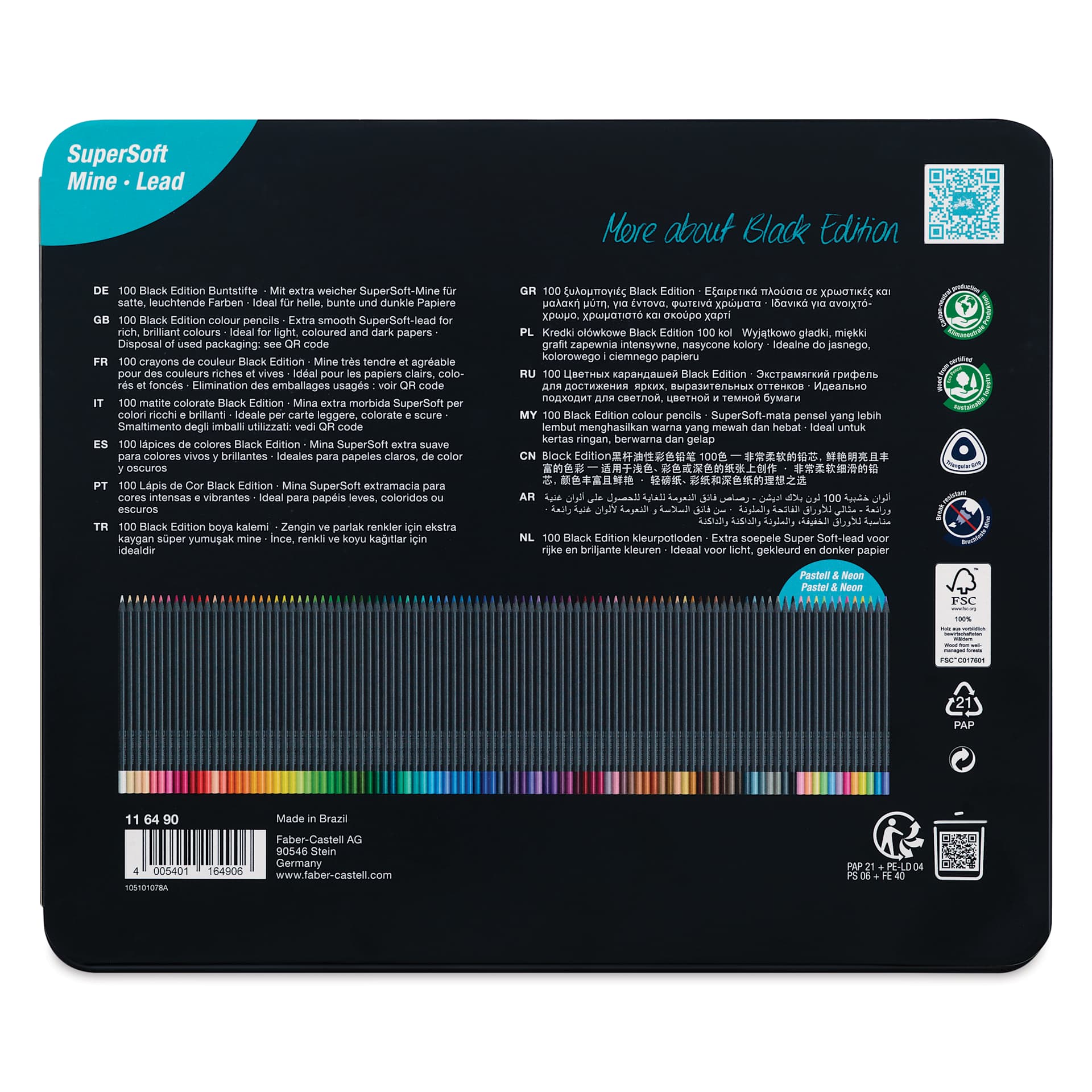 Faber-Castell Black Edition Colored Pencils - Assorted Colors, Tin Set of 100, back of the packaging