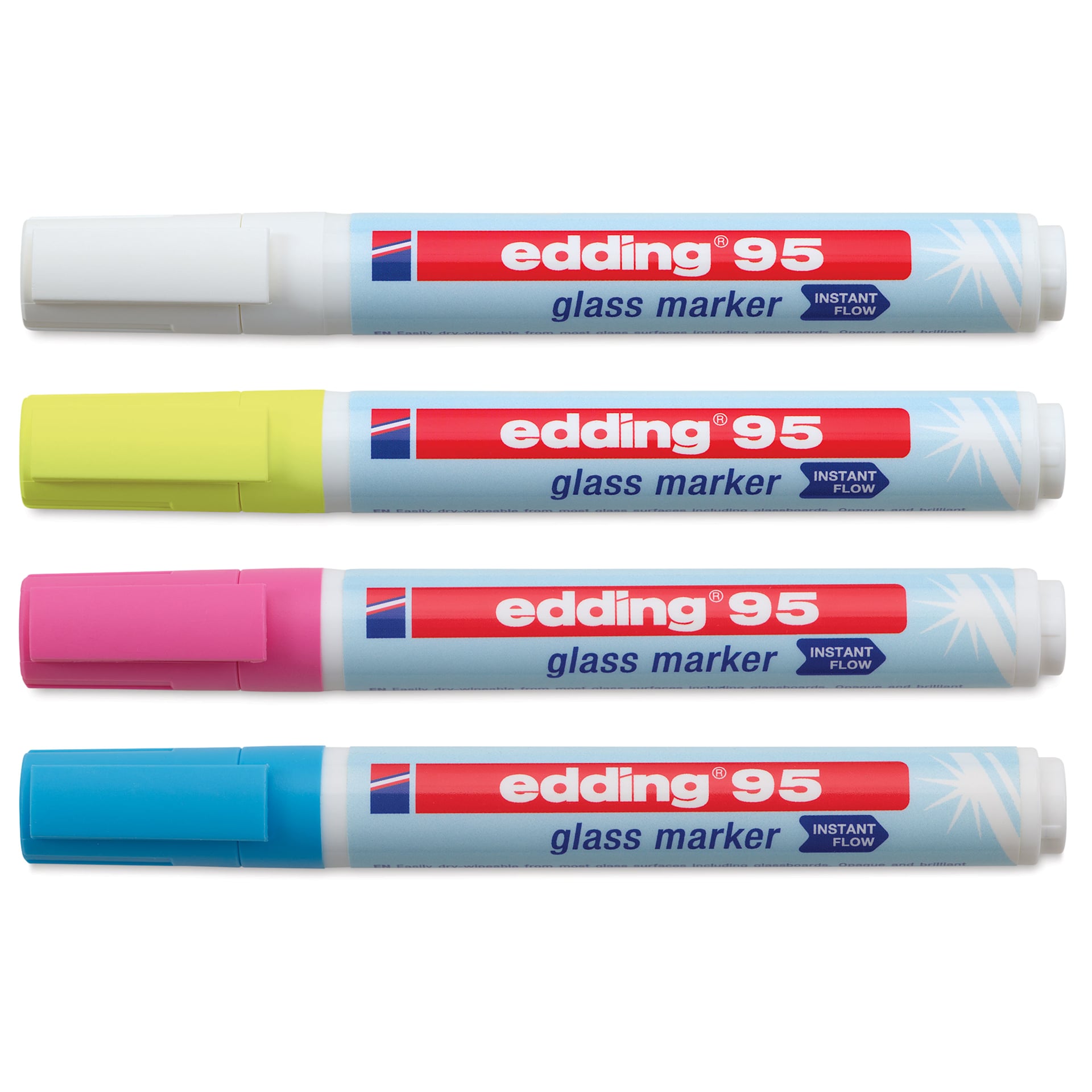 Edding 95 Glass Markers - Light Colors, Set of 4, markers laid out with caps on