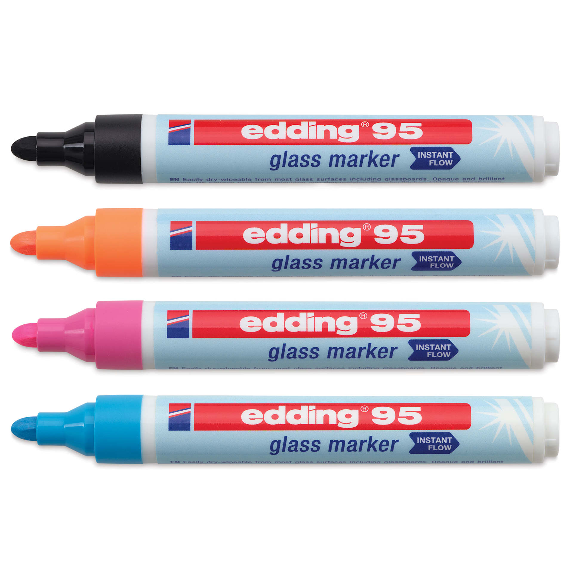 Edding 95 Glass Markers - Assorted Colors, Set of 4, markers laid out with caps off