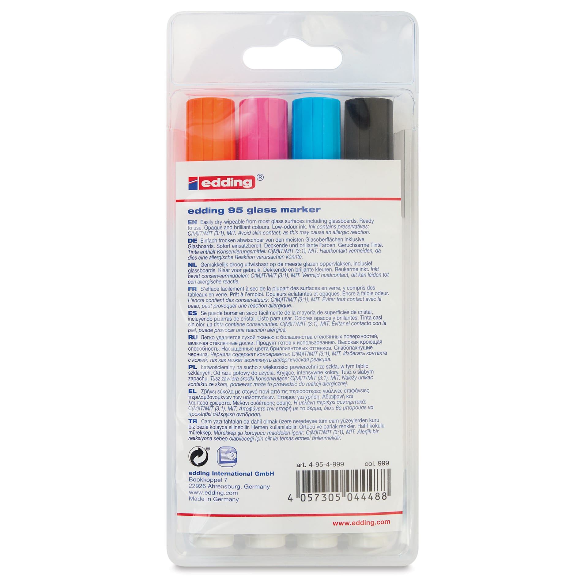 Edding 95 Glass Markers - Assorted Colors, Set of 4, back of the packaging