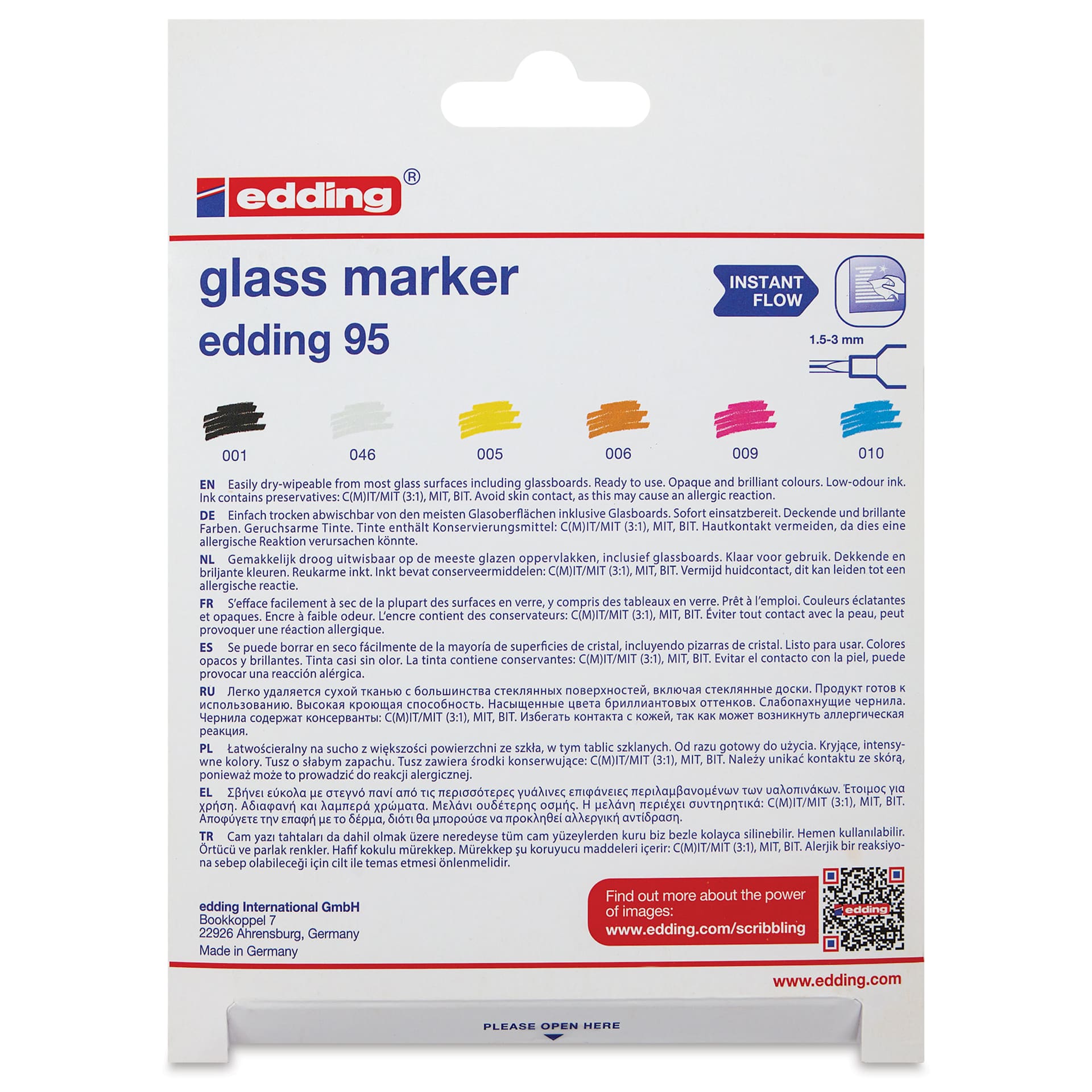 Edding 95 Glass Markers - Assorted Colors, Set of 6, back of the packaging