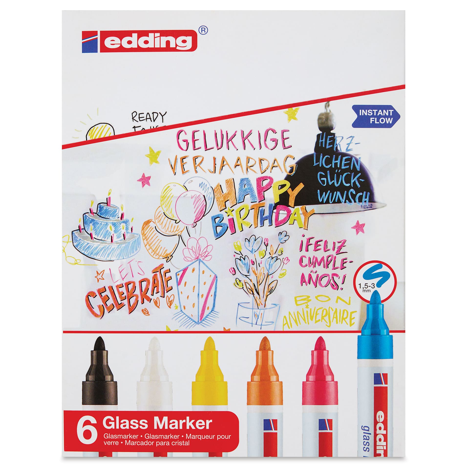 Edding 95 Glass Markers - Assorted Colors, Set of 6, front of the packaging