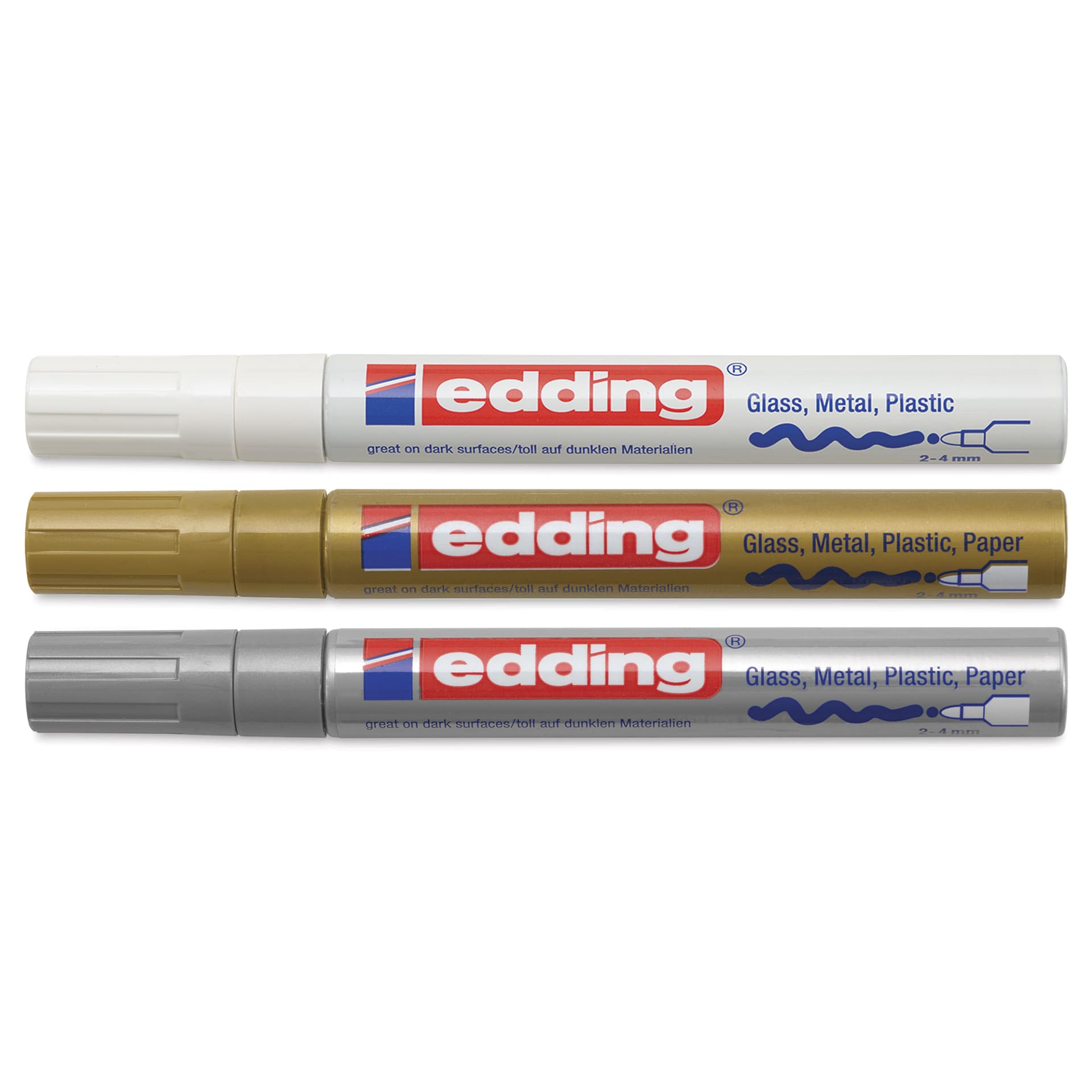 Edding Gloss Paint Markers - Metallic Colors, Set of 3, Round Nib, 2-4 mm, laid out with caps on