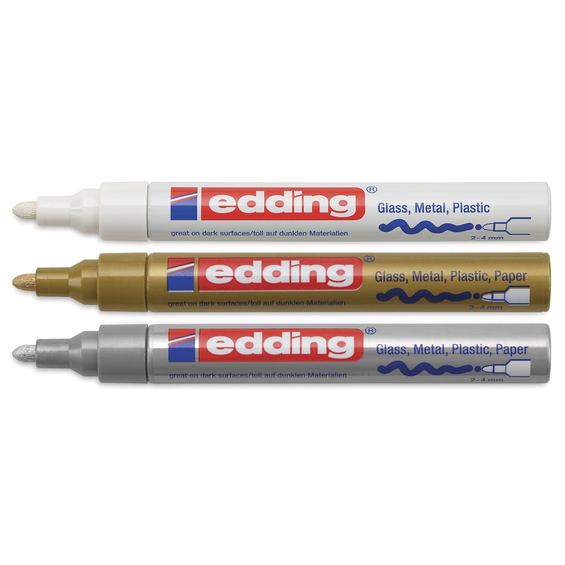 Edding Gloss Paint Markers - Metallic Colors, Set of 3, Round Nib, 2-4 mm, laid out with caps off